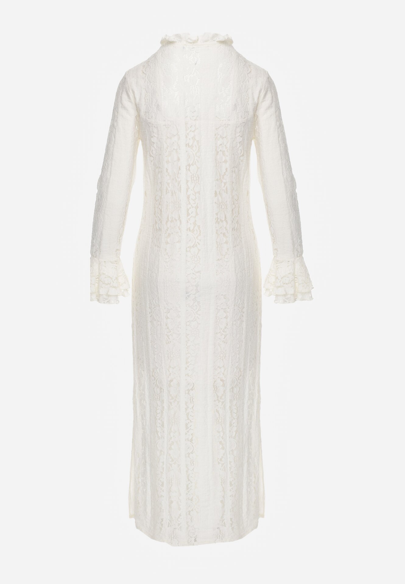 Beżowa Koronkowa Sukienka o Taliowanym Kroju z Wiązaniem przy Dekolcie Nevellirae