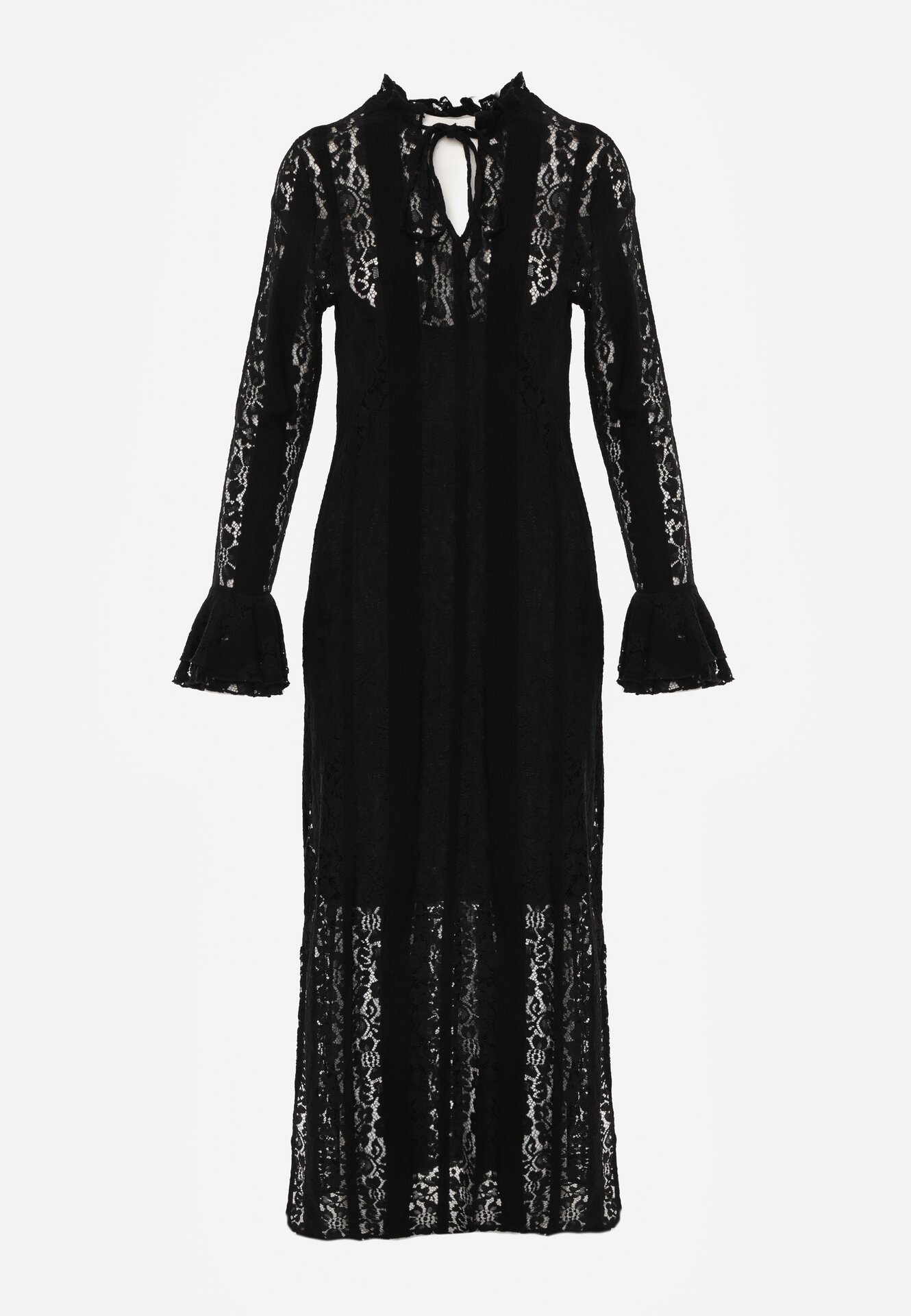 Czarna Koronkowa Sukienka o Taliowanym Kroju z Wiązaniem przy Dekolcie Nevellirae