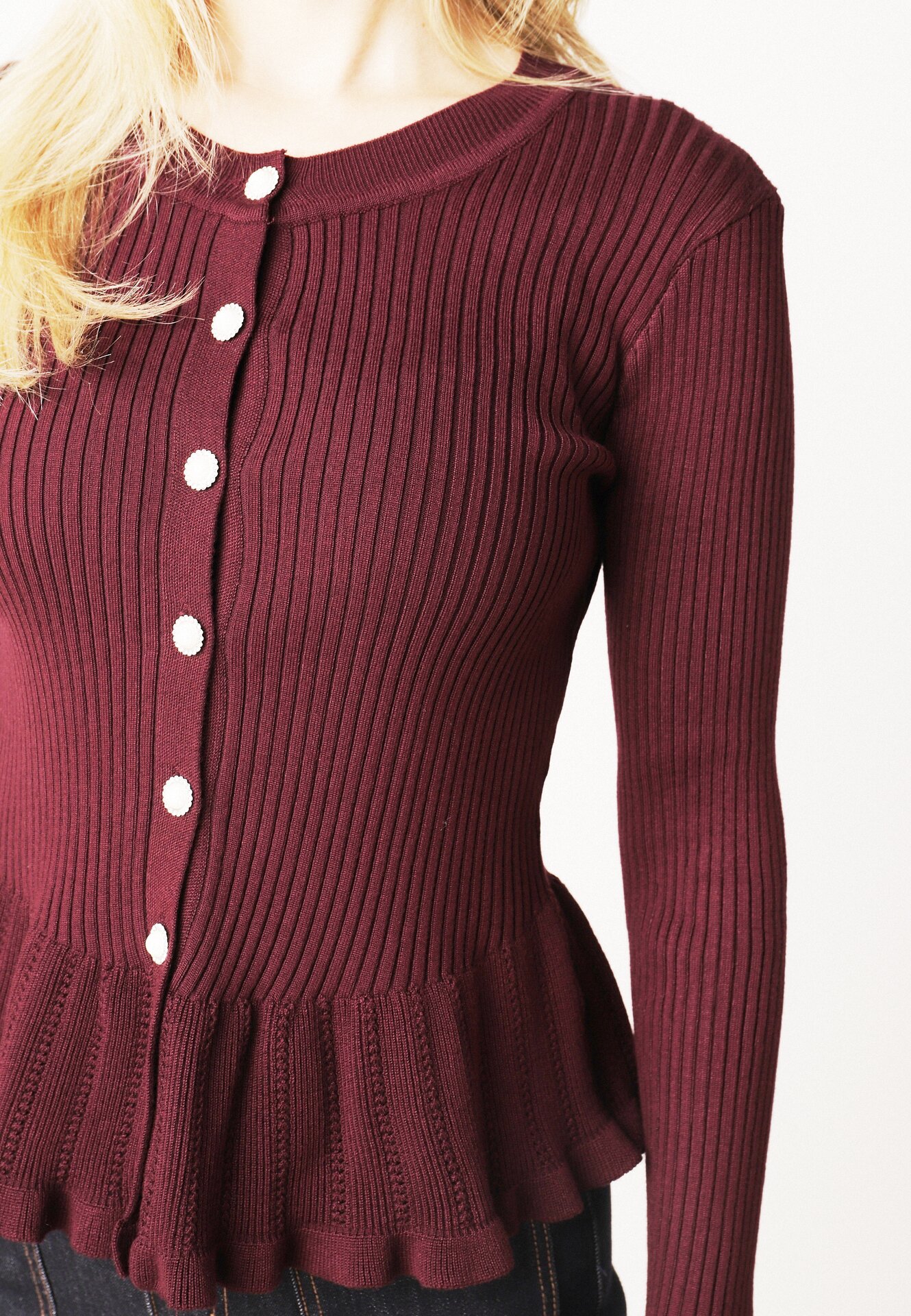 Fioletowy Elegancki Kardigan z Wiskozy z Falbankami i Guzikami z Cyrkoniami Orsea