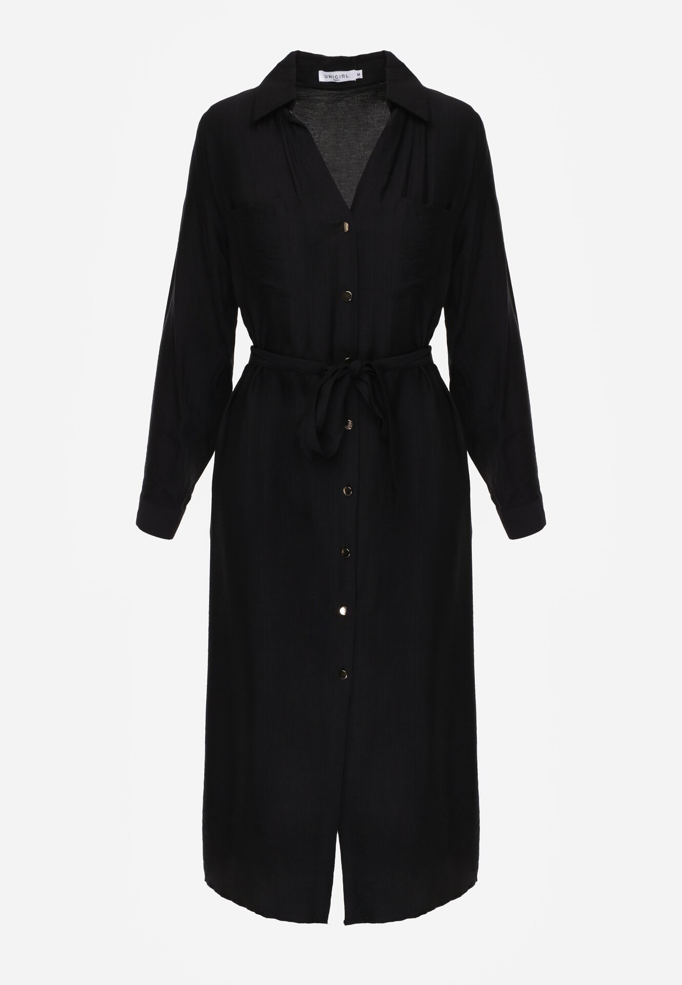 Czarna Sukienka Koszulowa z Wiskozą z Wiązanym Paskiem Lustilla