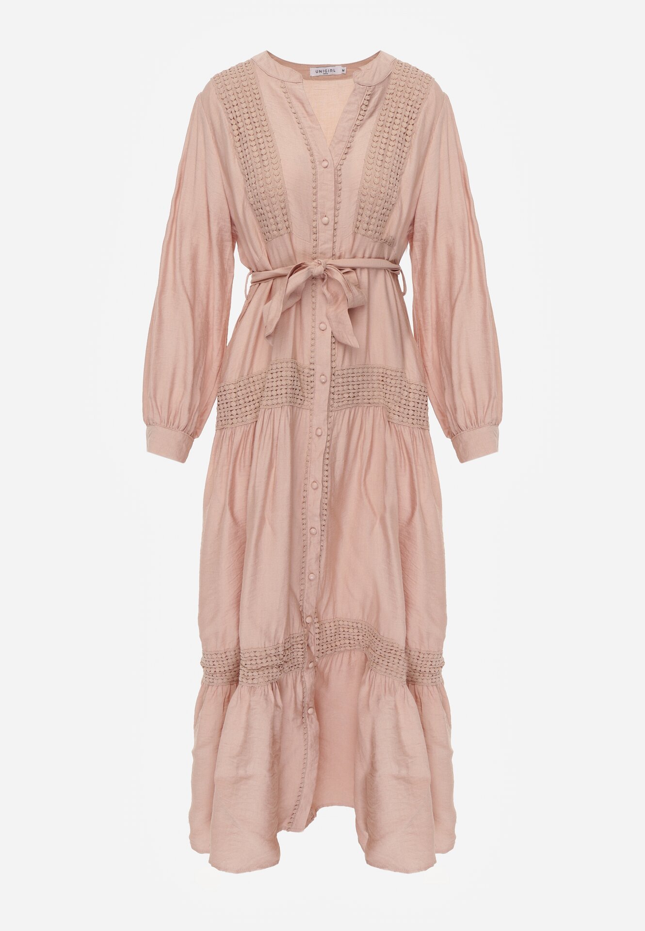 Jasnoróżowa Rozkloszowana Sukienka z Wiskozy z Wiązanym Paskiem i Koronką Reivoria