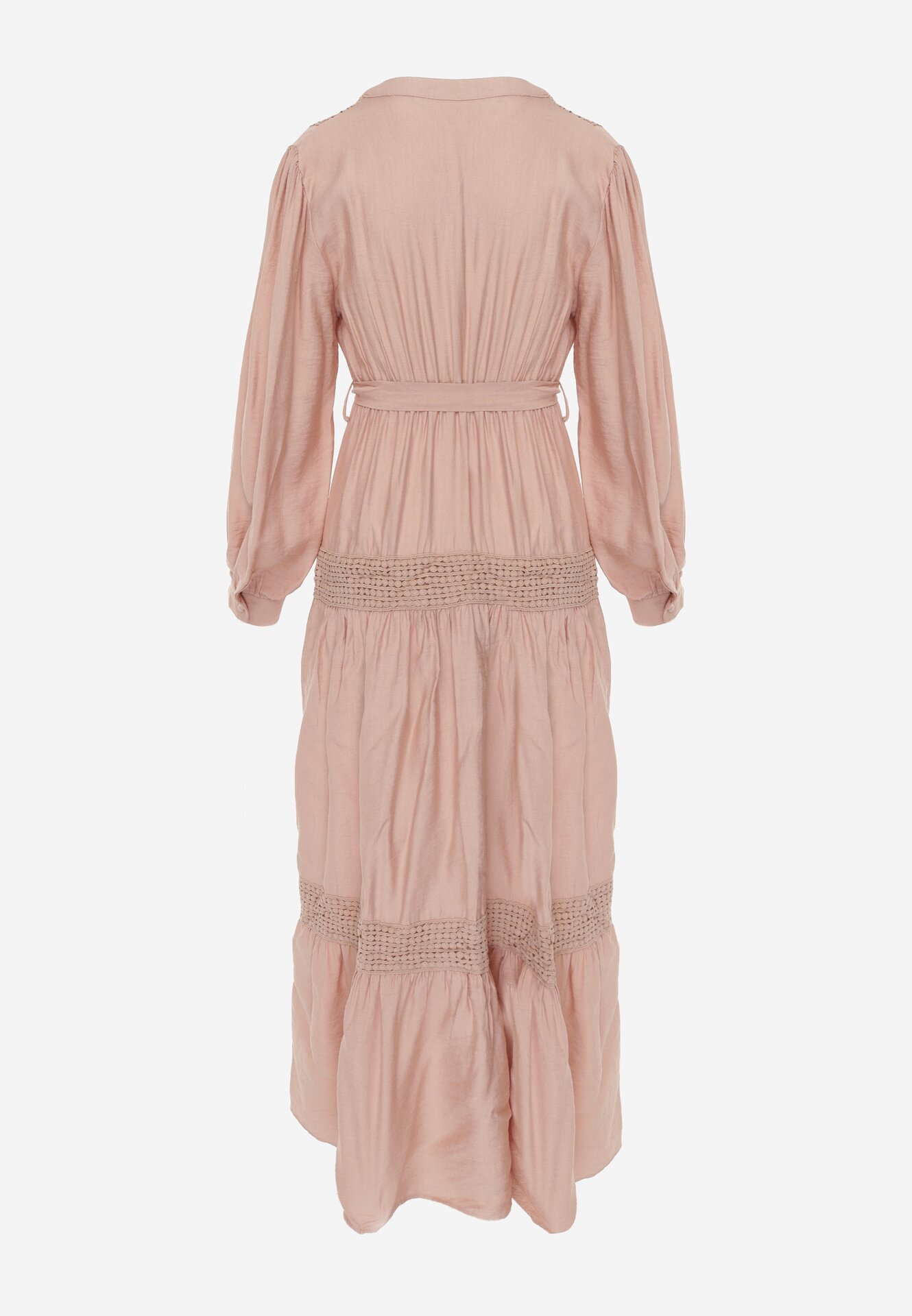 Jasnoróżowa Rozkloszowana Sukienka z Wiskozy z Wiązanym Paskiem i Koronką Reivoria