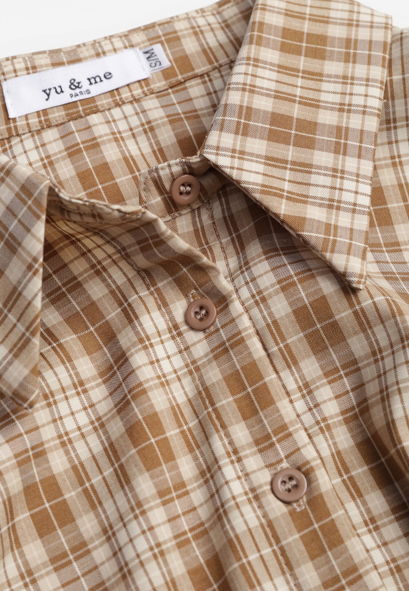 Beżowa Krótka Bawełniana Koszula w Kratę z Marszczeniem Wenatia