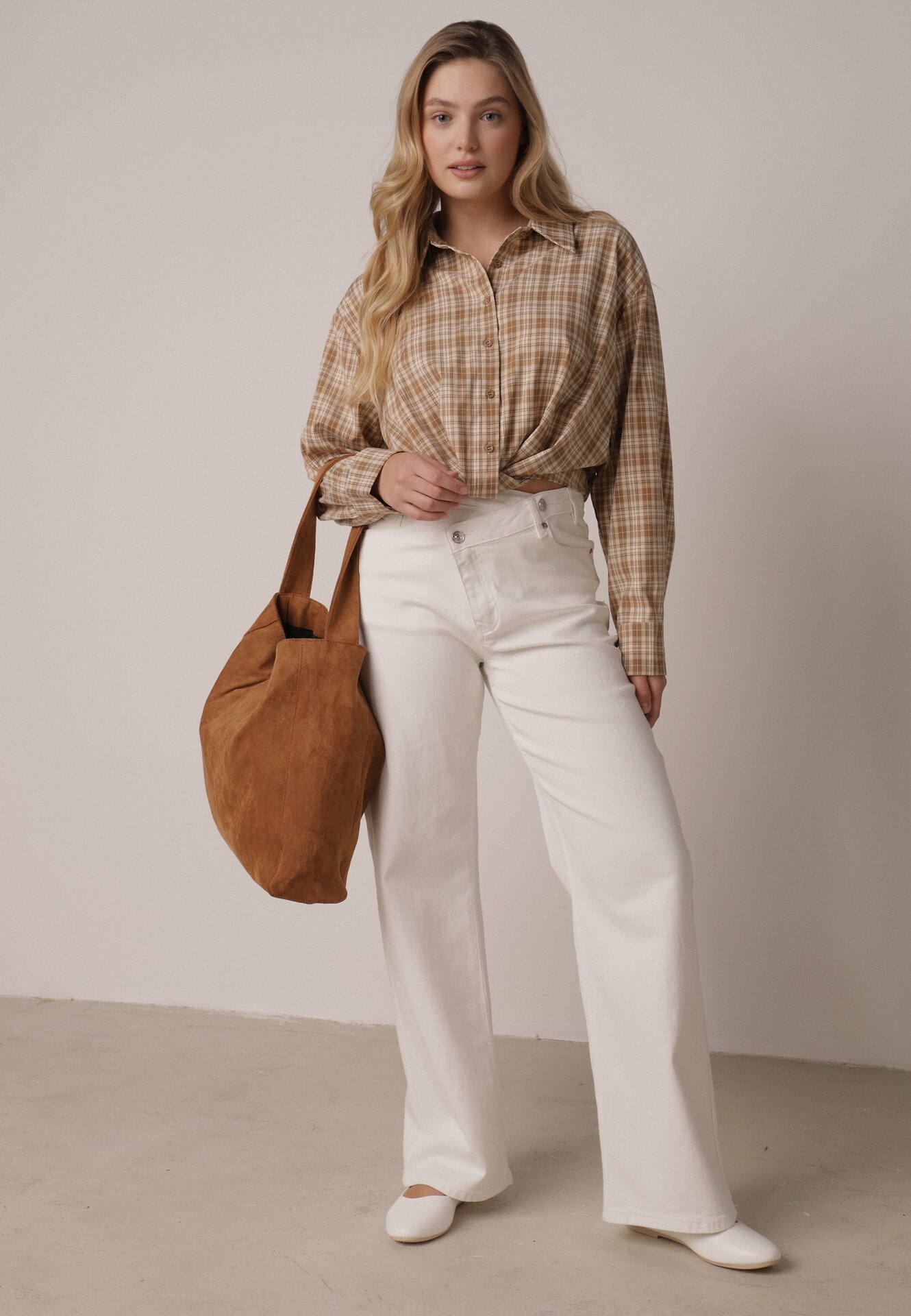 Beżowa Krótka Bawełniana Koszula w Kratę z Marszczeniem Wenatia