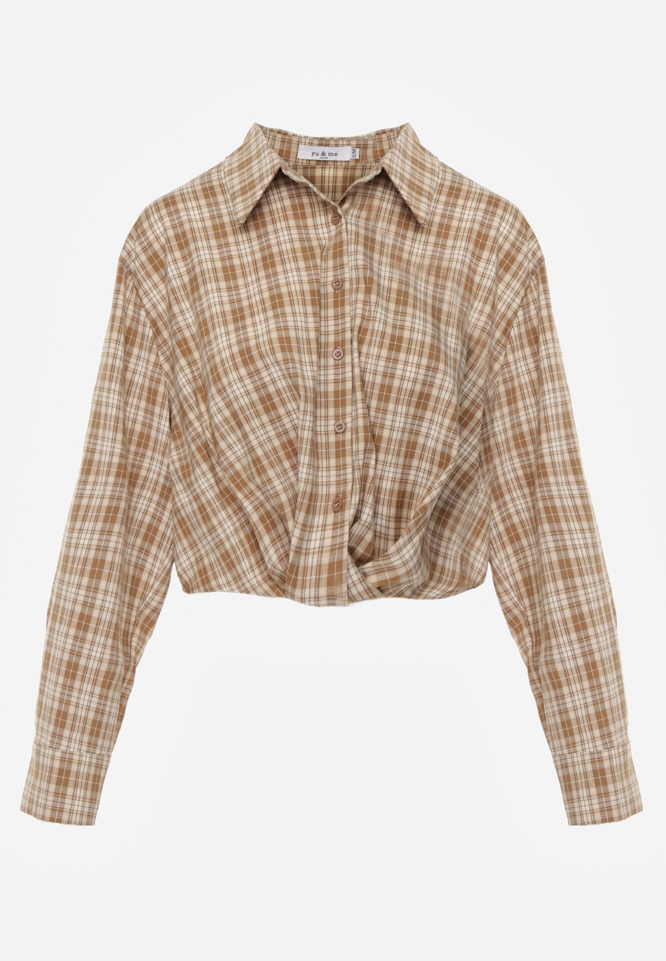 Beżowa Krótka Bawełniana Koszula w Kratę z Marszczeniem Wenatia