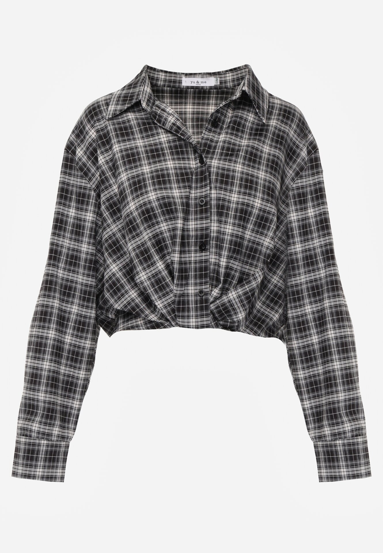 Czarna Krótka Bawełniana Koszula w Kratę z Marszczeniem Wenatia