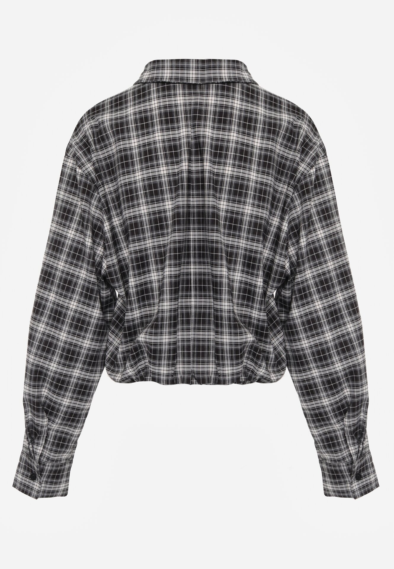 Czarna Krótka Bawełniana Koszula w Kratę z Marszczeniem Wenatia