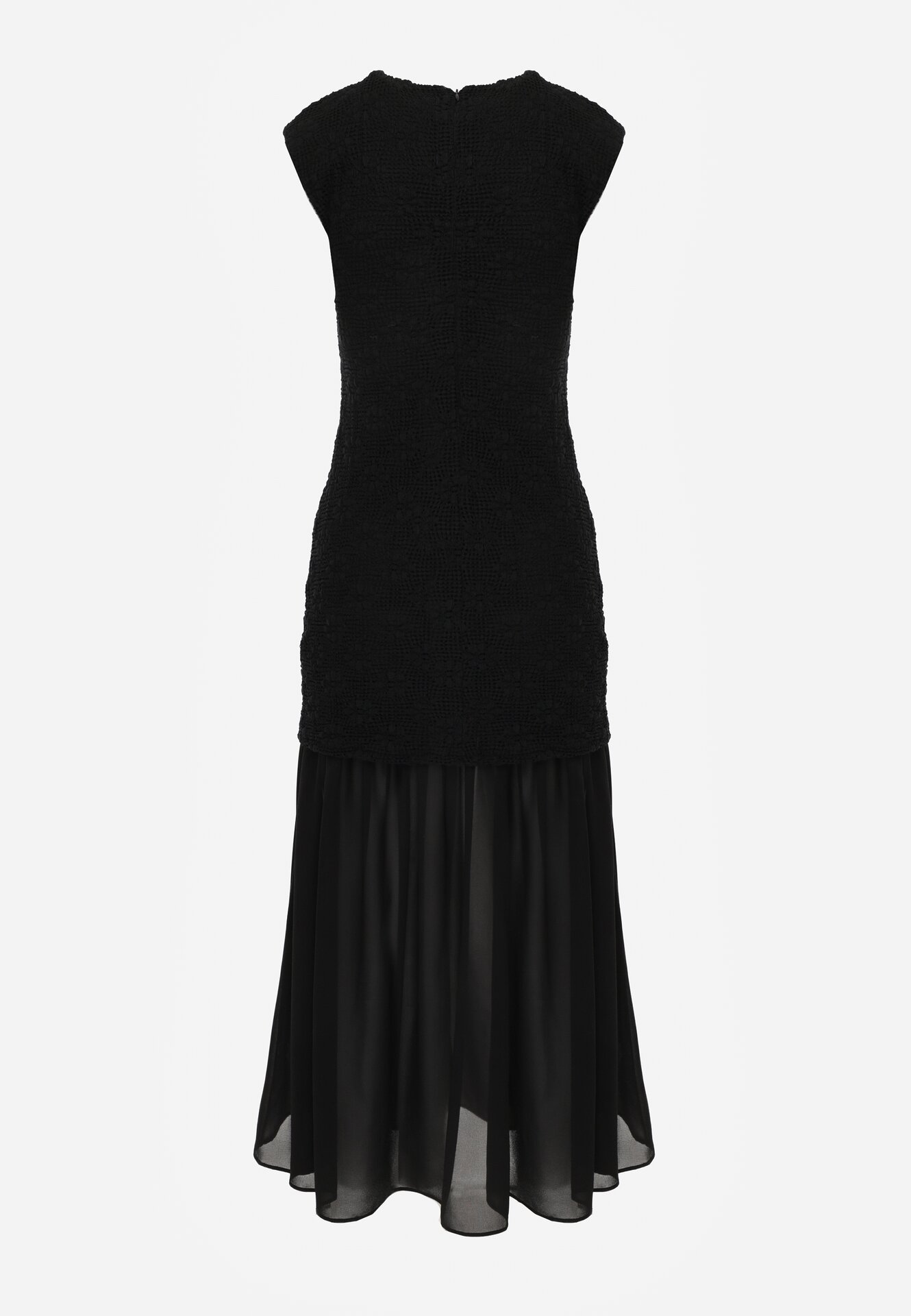 Czarna Sukienka Ażurowa z Usztywnioną Linią Ramion i Przezroczystym Dołem Semiriel