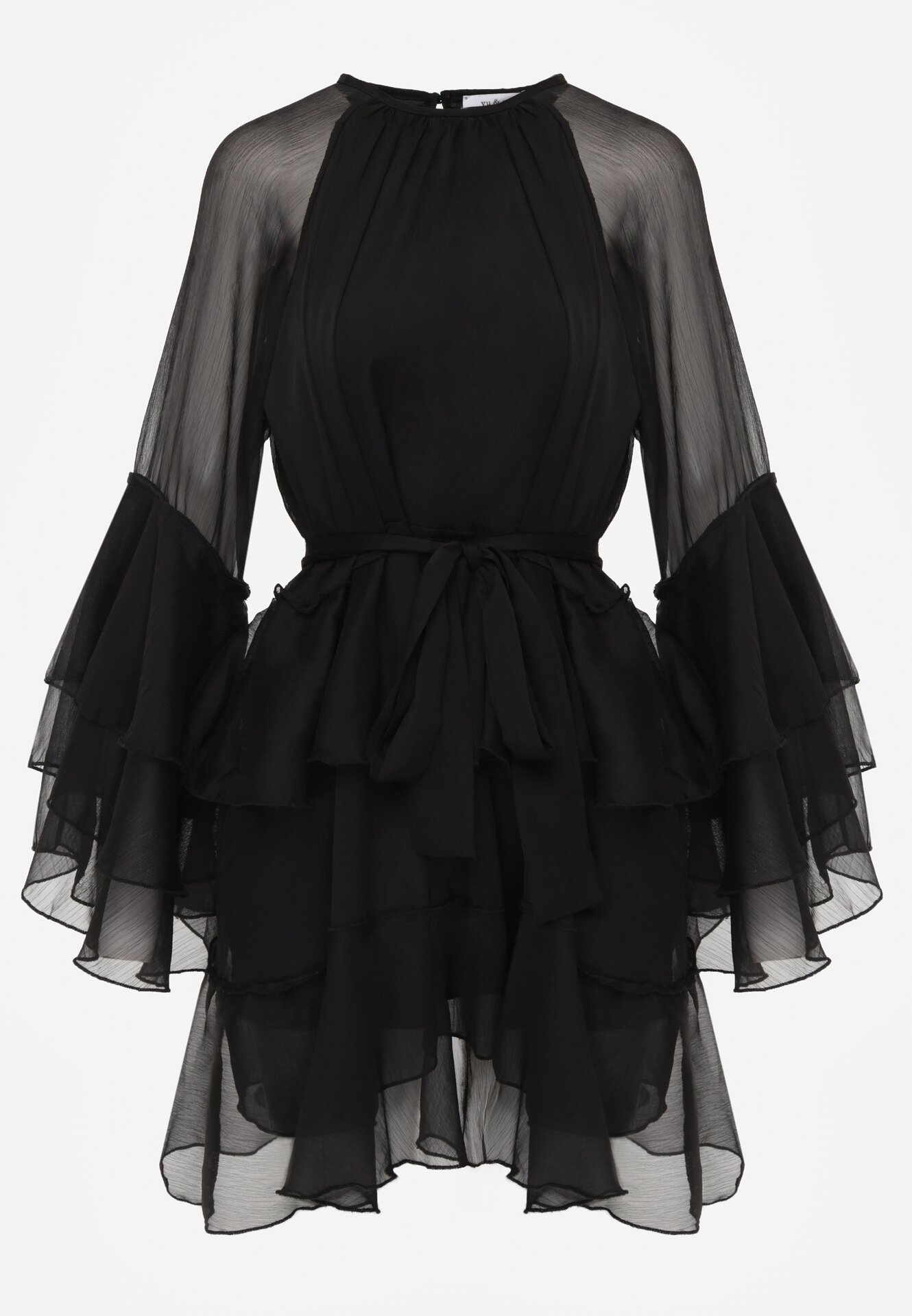 Czarna Sukienka z Eterycznymi Falbanami i Wiązanym Paskiem Rivaniah