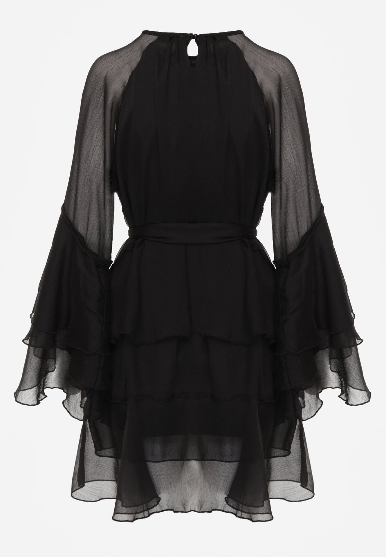 Czarna Sukienka z Eterycznymi Falbanami i Wiązanym Paskiem Rivaniah