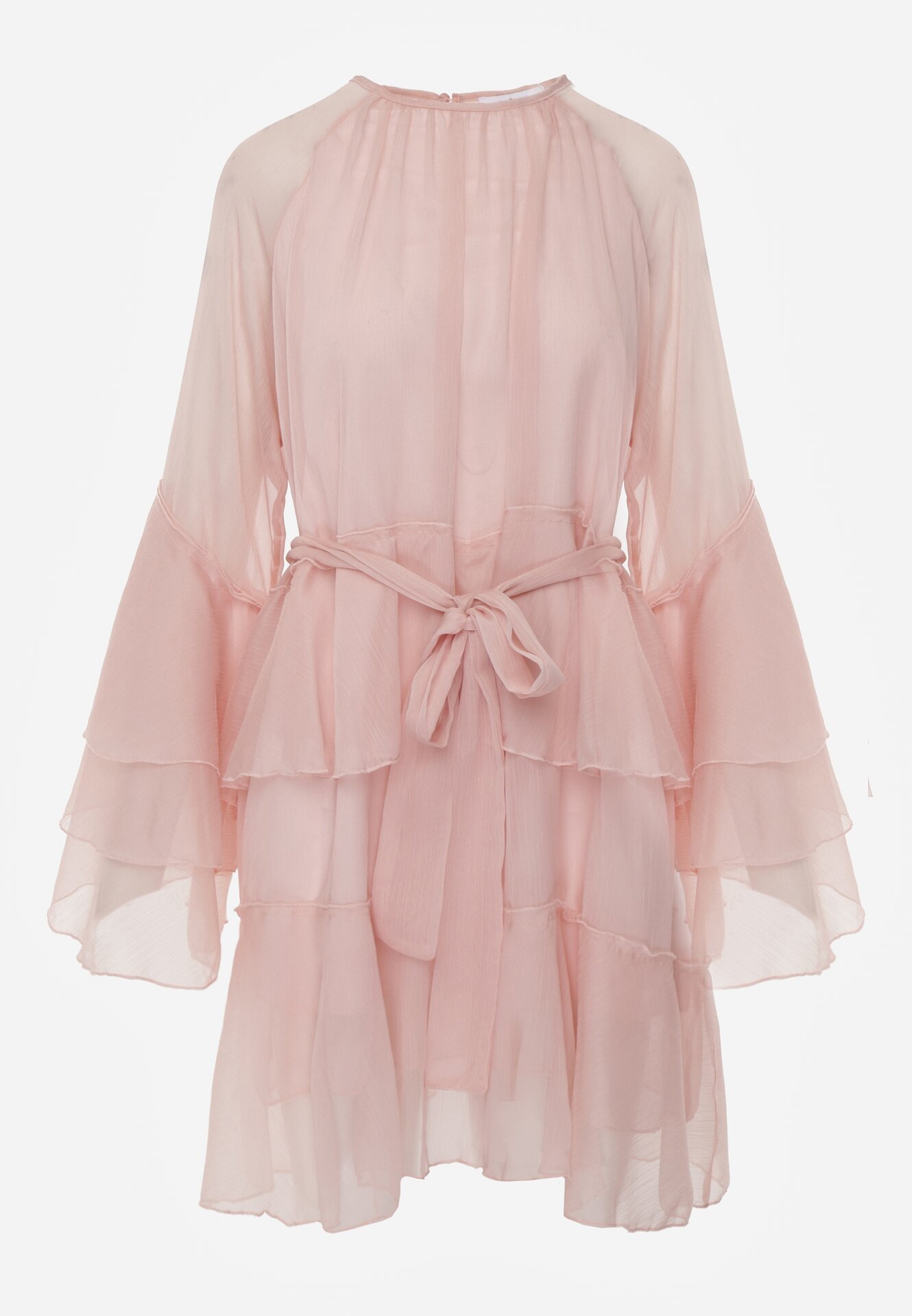 Różowa Sukienka z Eterycznymi Falbanami i Wiązanym Paskiem Rivaniah
