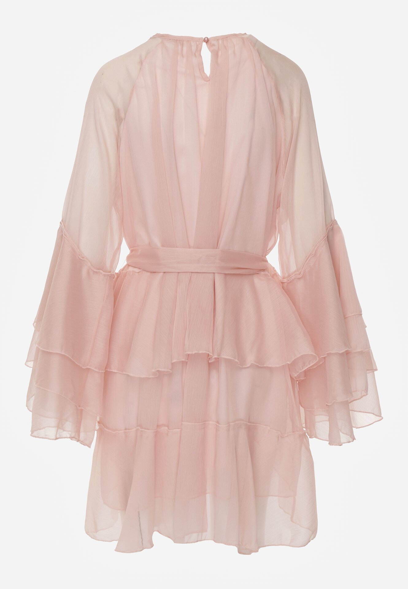 Różowa Sukienka z Eterycznymi Falbanami i Wiązanym Paskiem Rivaniah