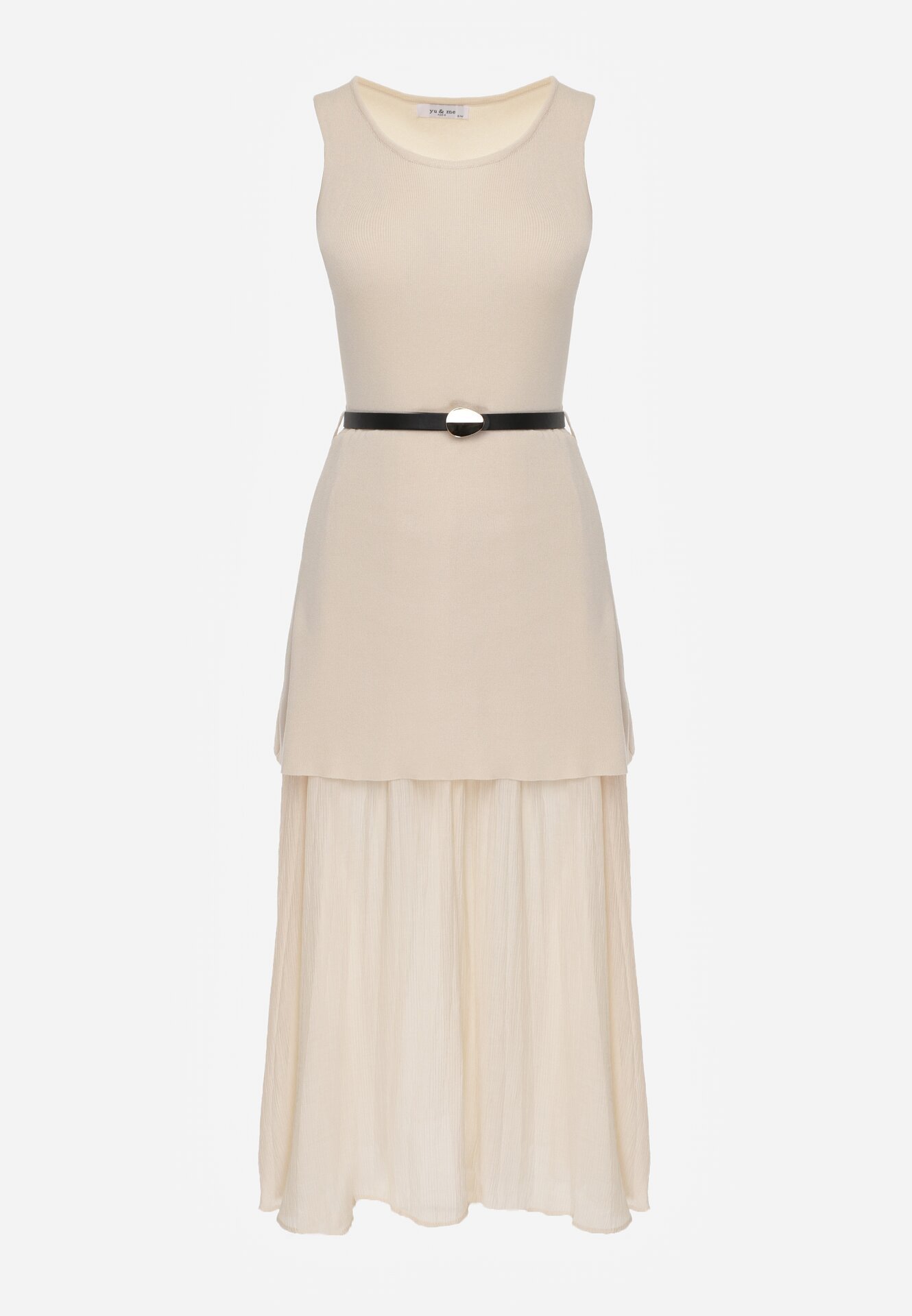 Beżowa Dwuwarstwowa Sukienka Dzianinowa z Wiskozą i Paskiem z Klamrą Arkesia