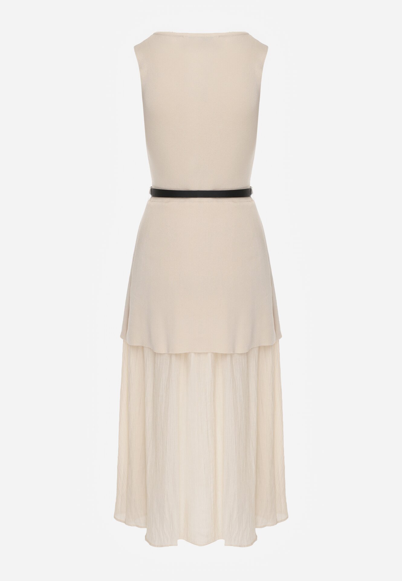 Beżowa Dwuwarstwowa Sukienka Dzianinowa z Wiskozą i Paskiem z Klamrą Arkesia