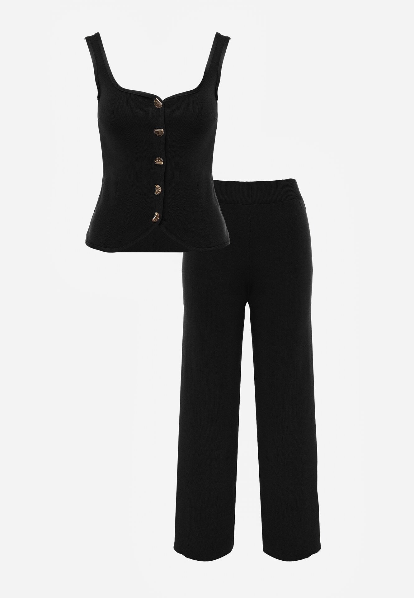 Czarny Dzianinowy Komplet z Wiskozą Spodnie i Bluzka na Ramiączkach Merissani