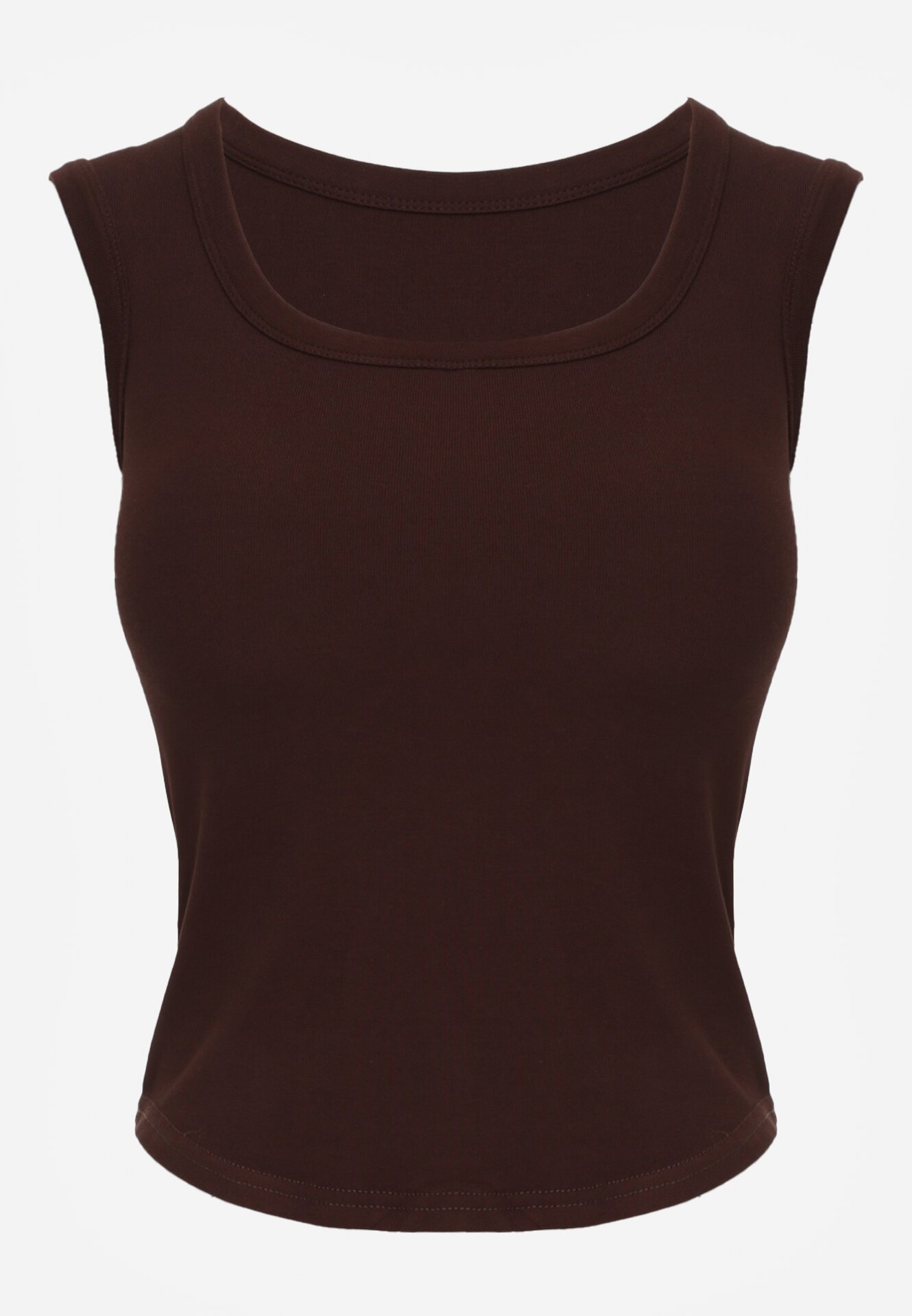 Brązowy Dopasowany Top Bez Rękawów z Wiskozy z Kwadratowym Dekoltem Madu