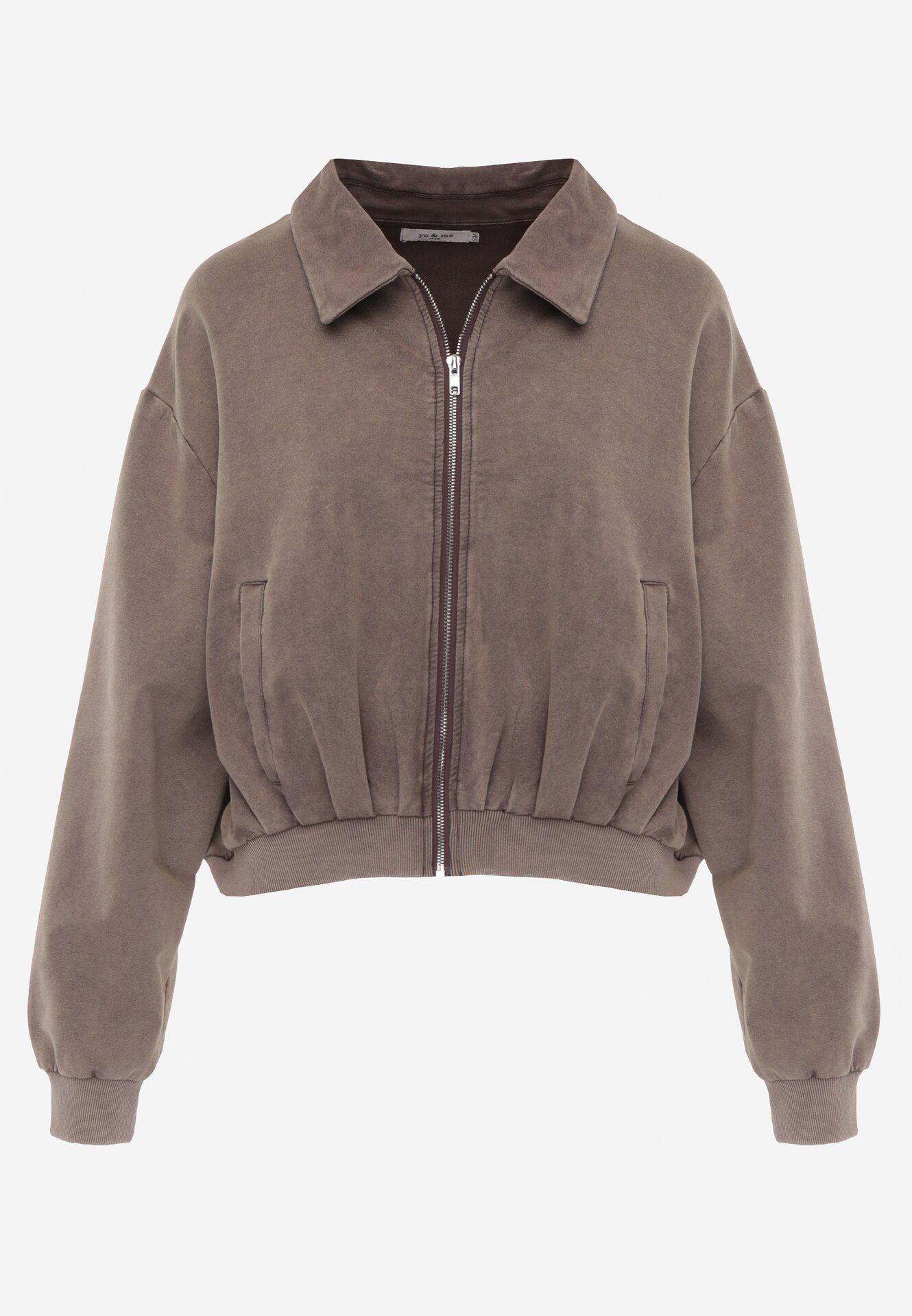 Beżowa Bawełniana Bluza Bomberka o Kroju Oversize z Kołnierzem Viminala