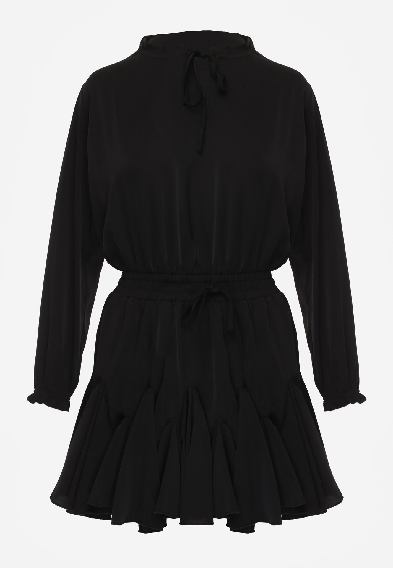 Czarna Rozkloszowana Sukienka z Wiskozą Zdobiona Falbanami i Wiązaniem Lerienatia