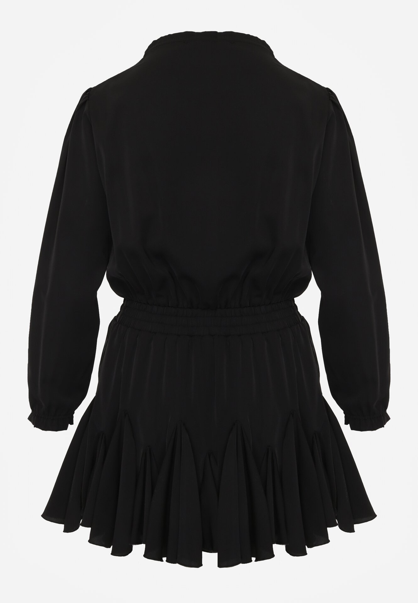 Czarna Rozkloszowana Sukienka z Wiskozą Zdobiona Falbanami i Wiązaniem Lerienatia