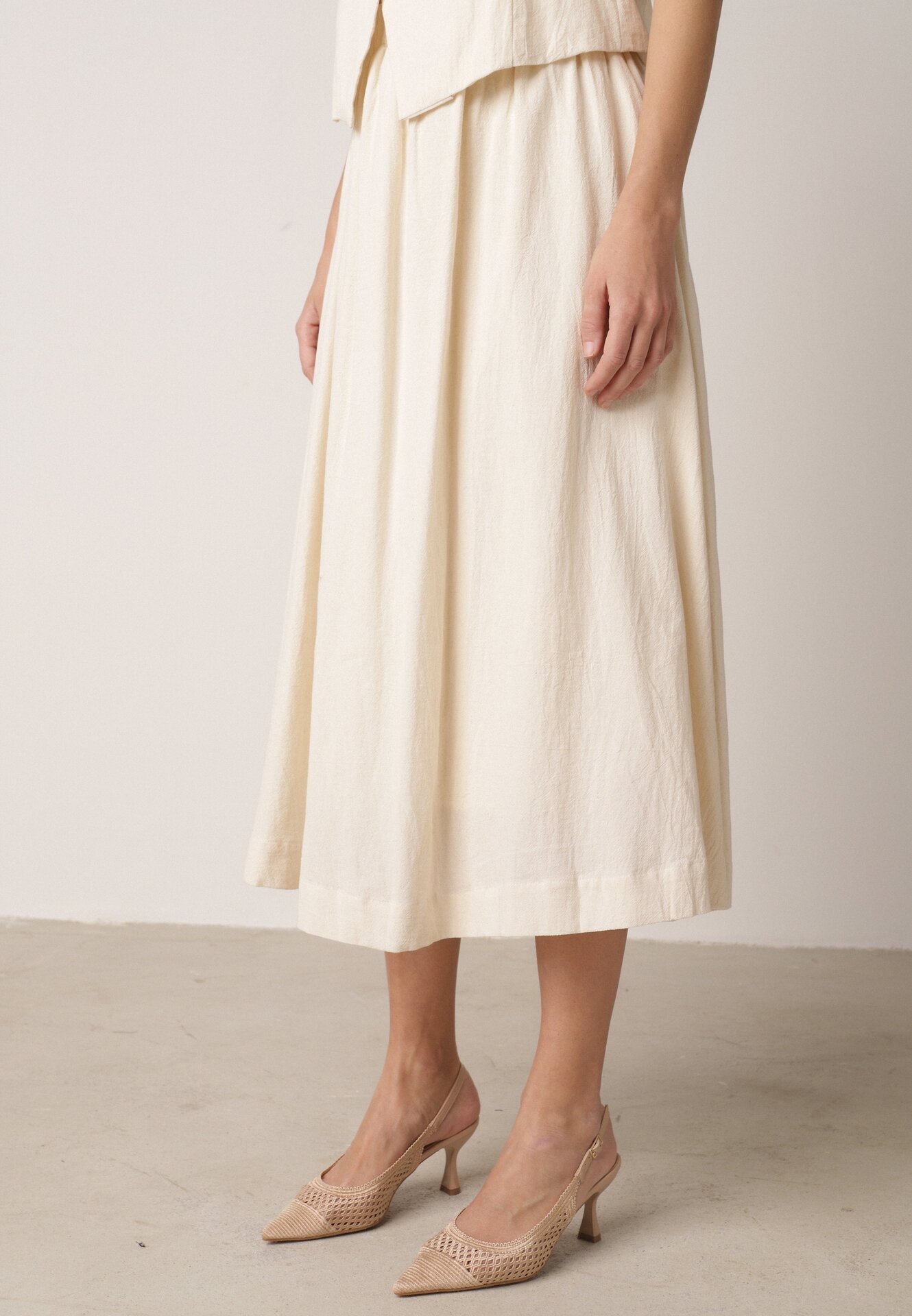 Beżowy Bawełniany Komplet Rozkloszowana Spódnica i Kamizelka Moveina