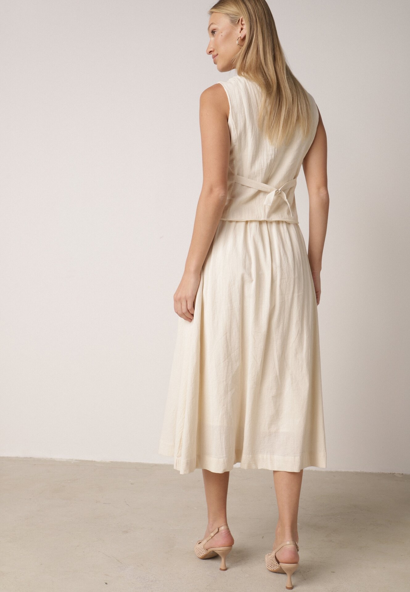 Beżowy Bawełniany Komplet Rozkloszowana Spódnica i Kamizelka Moveina