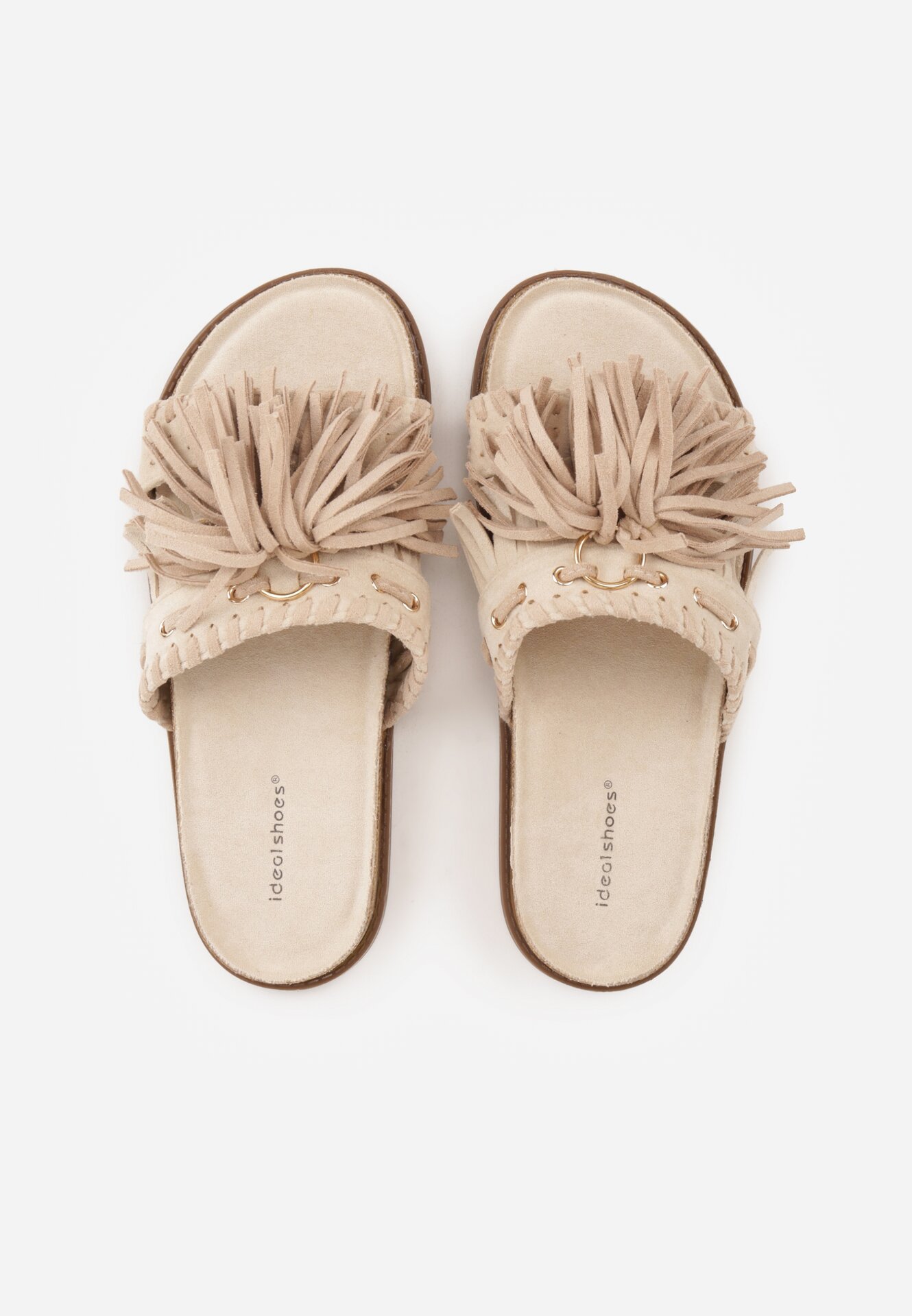 Beżowe Klapki w Stylu Boho Zdobione Frędzlami Stavania