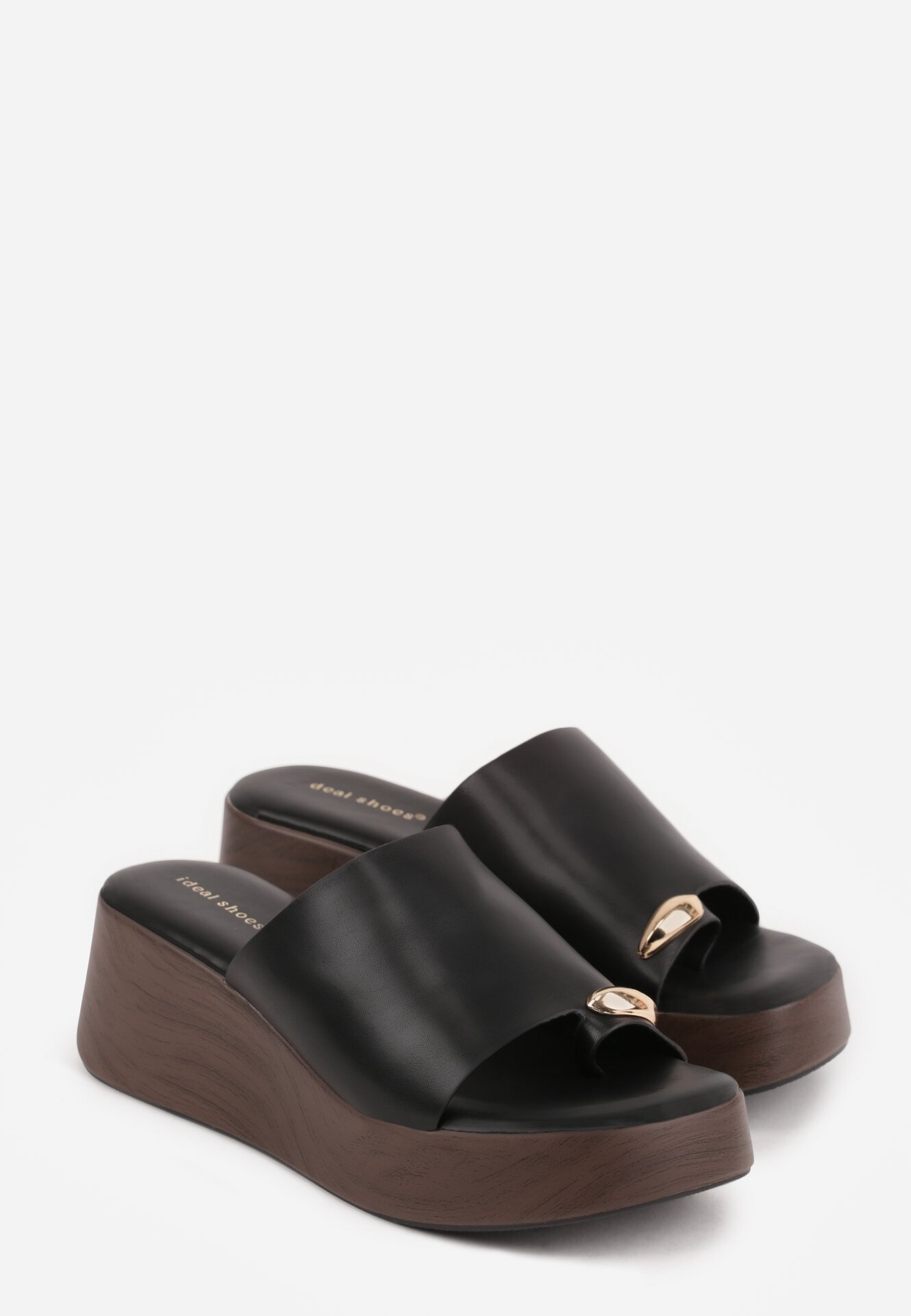 Czarne Klapki Drewniaki na Koturnie z Paskiem na Palec Triajoy