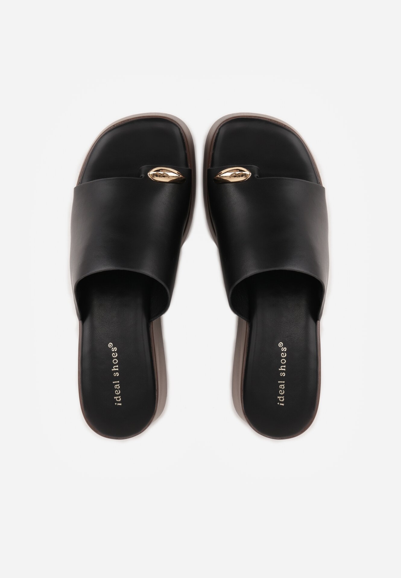 Czarne Klapki Drewniaki na Koturnie z Paskiem na Palec Triajoy