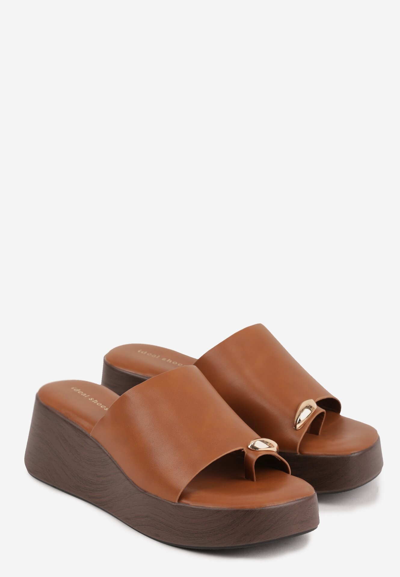 Jasnobrązowe Klapki Drewniaki na Koturnie z Paskiem na Palec Triajoy