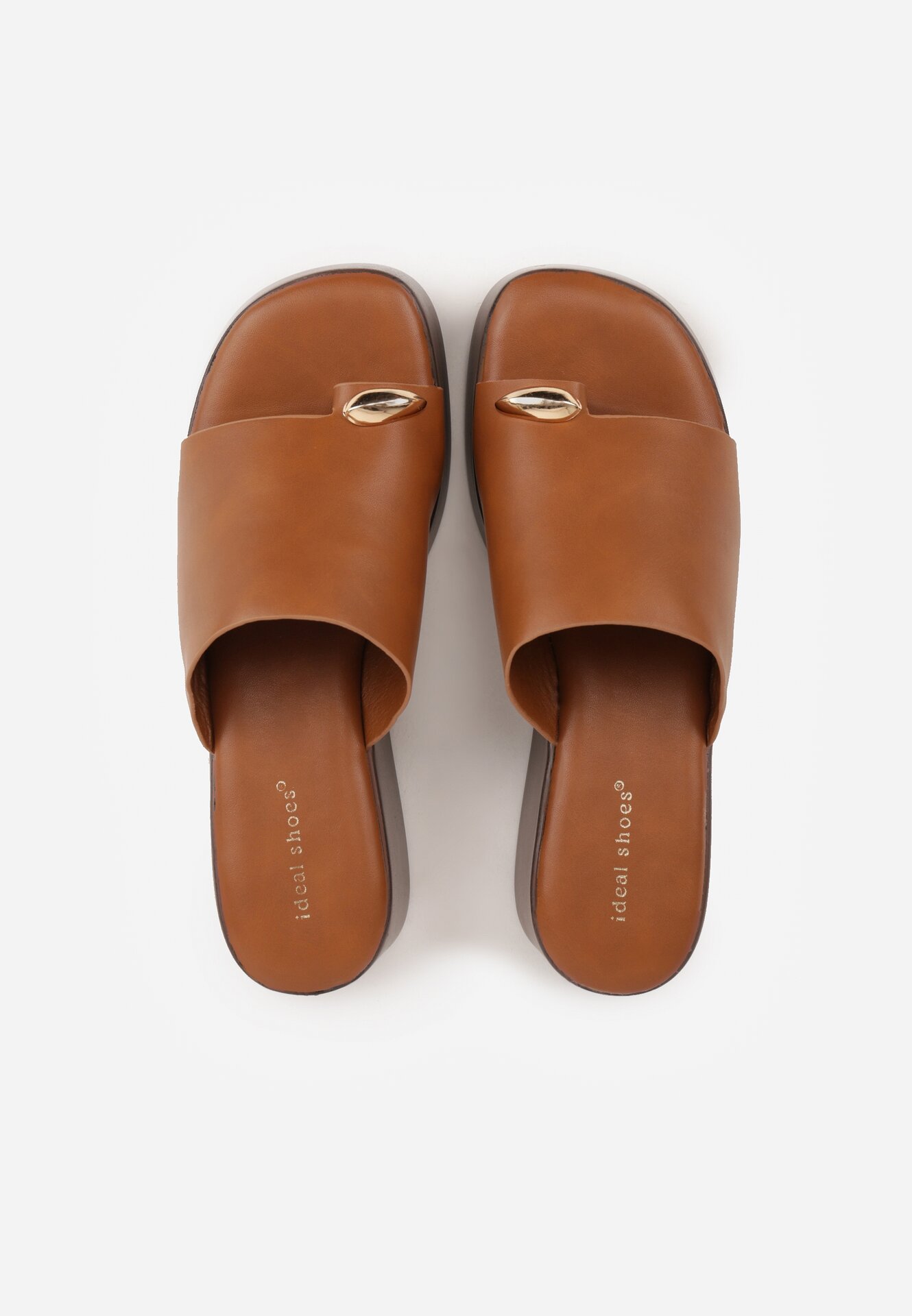 Jasnobrązowe Klapki Drewniaki na Koturnie z Paskiem na Palec Triajoy