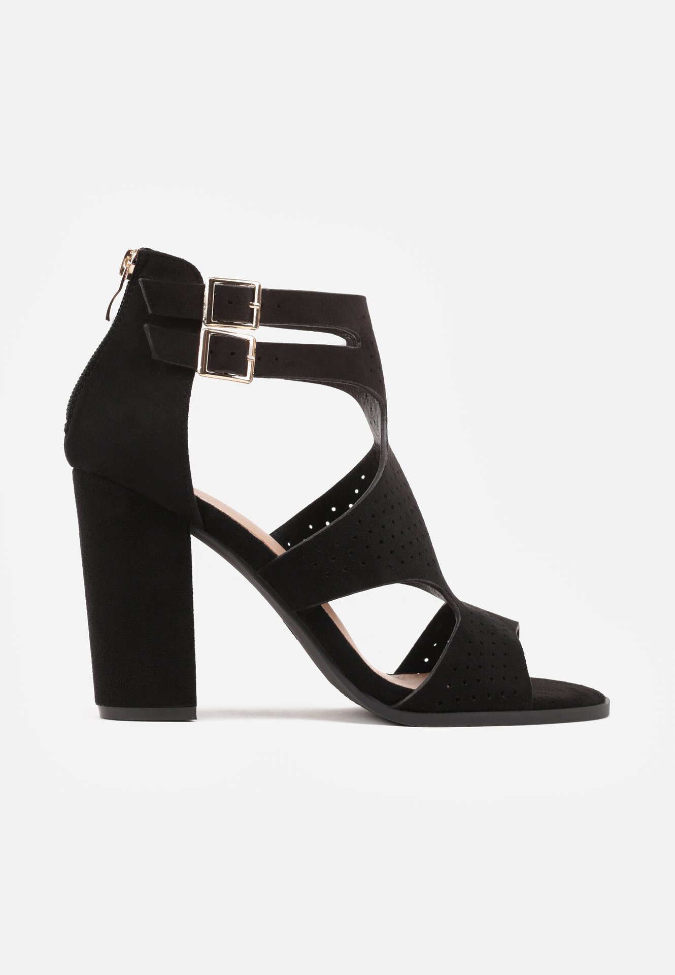 Czarne Sandały na Słupkowym Obcasie Perforacją z Imitacji Zamszu Lyrique