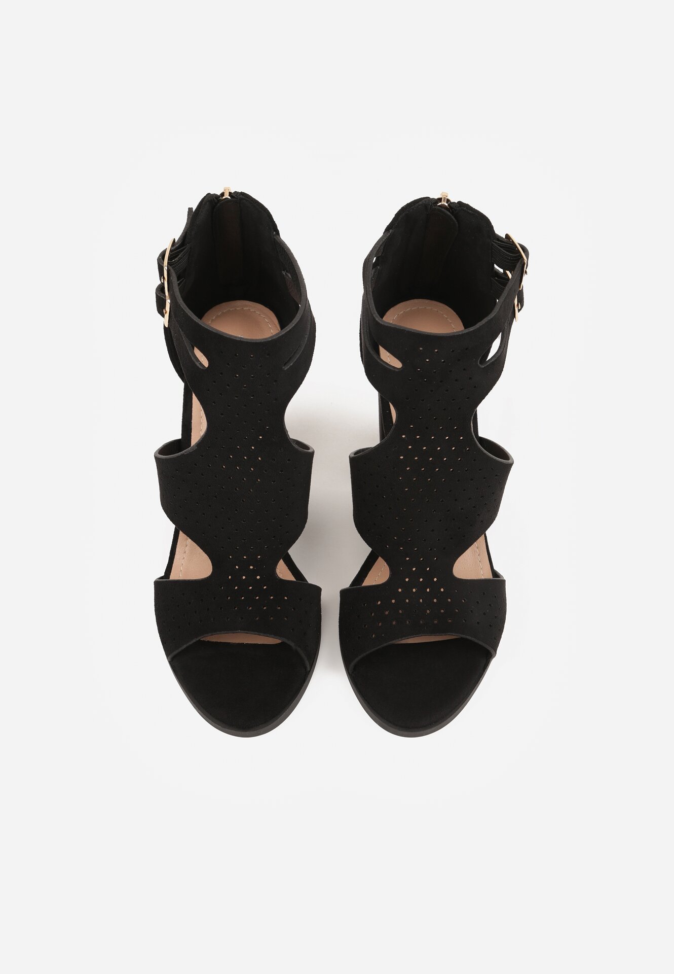 Czarne Sandały na Słupkowym Obcasie Perforacją z Imitacji Zamszu Lyrique