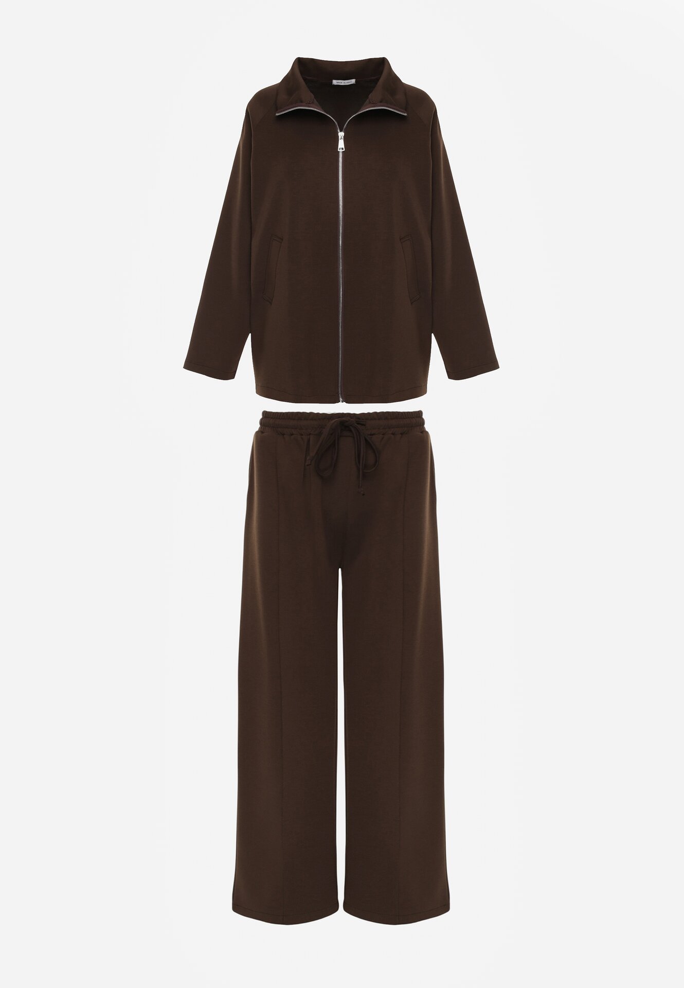Brązowy Dzianinowy Komplet Dresowy z Wiskozą Bluza ze Stójką i Spodnie Neveniraa