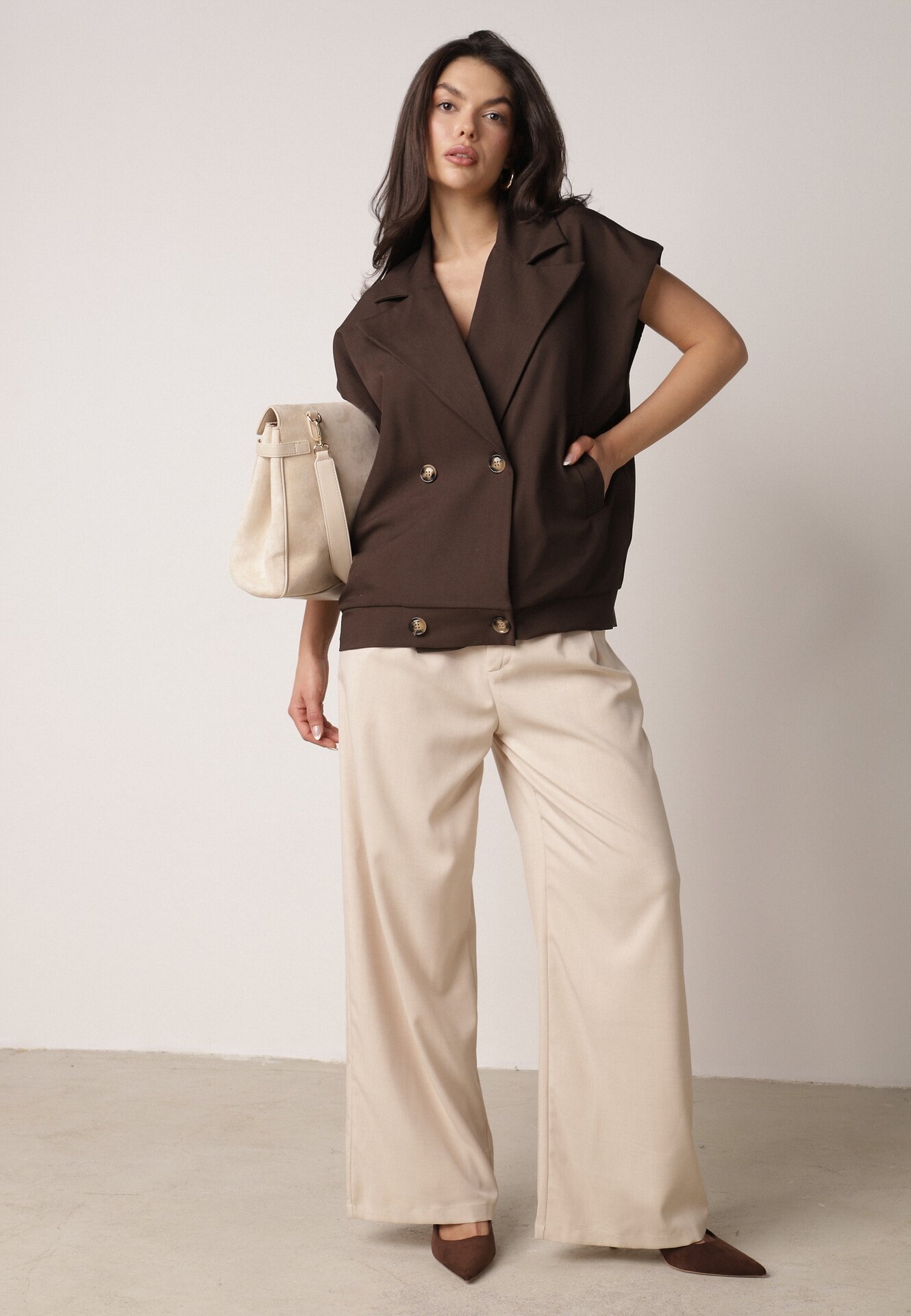 Brązowa Garniturowa Kamizelka Oversize z Dwurzędowym Zapięciem Edriana