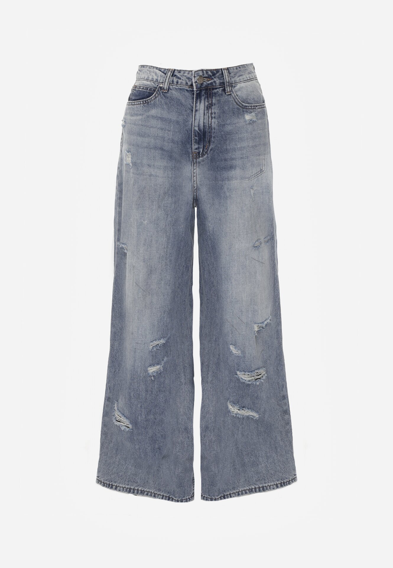 Niebieskie Bawełniane Jeansy Typu Palazzo Ozdobione Przetarciami i Dziurami Erivaine