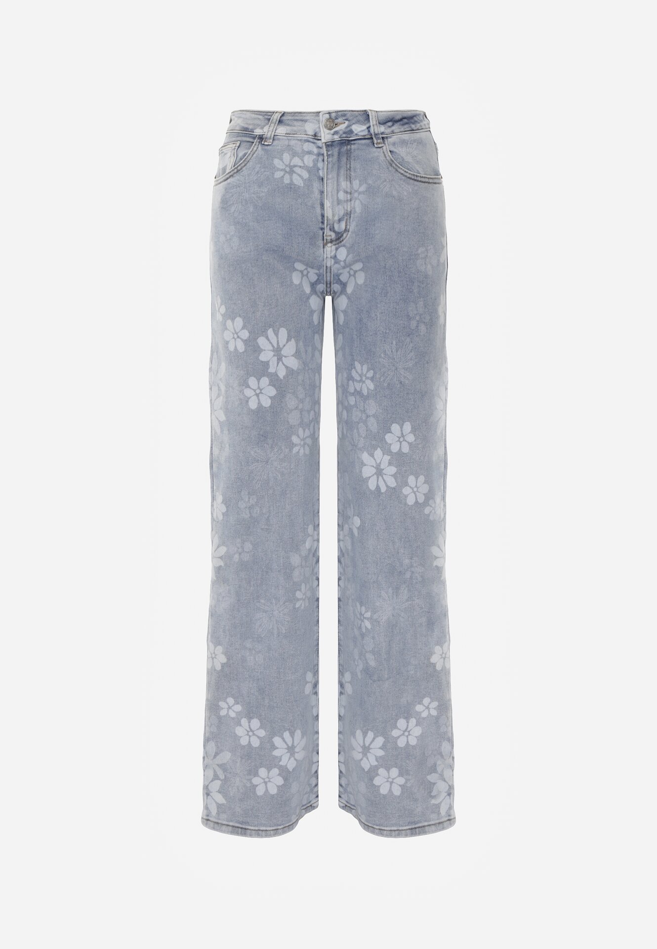 Niebieskie Jeansy z Bawełną o Szerokim Kroju Ozdobione Kwiatami Zinnoreth