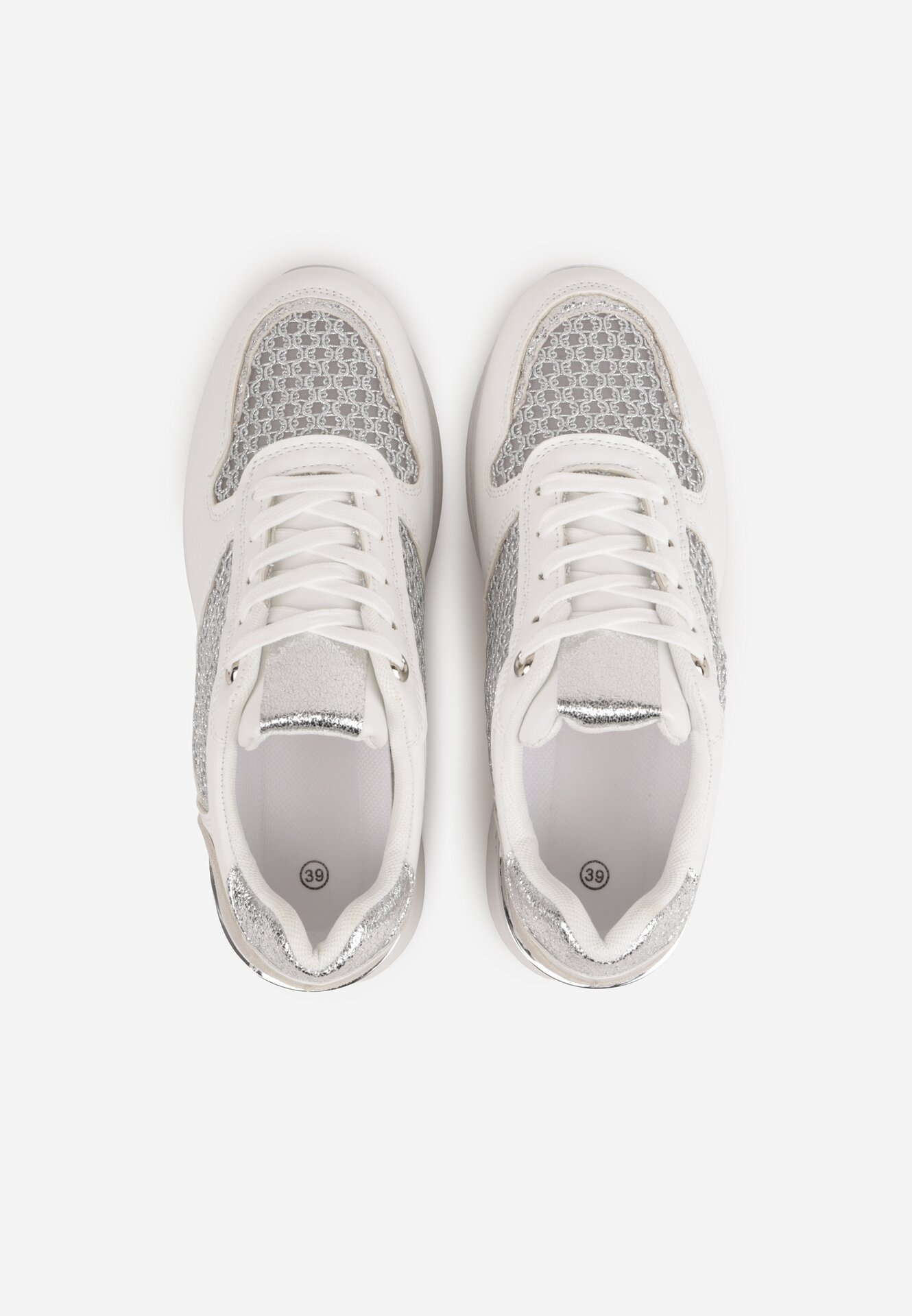 Białe Sneakersy na Grubej Podeszwie z Siateczkowymi i Metalicznymi Wstawkamu Sewtira