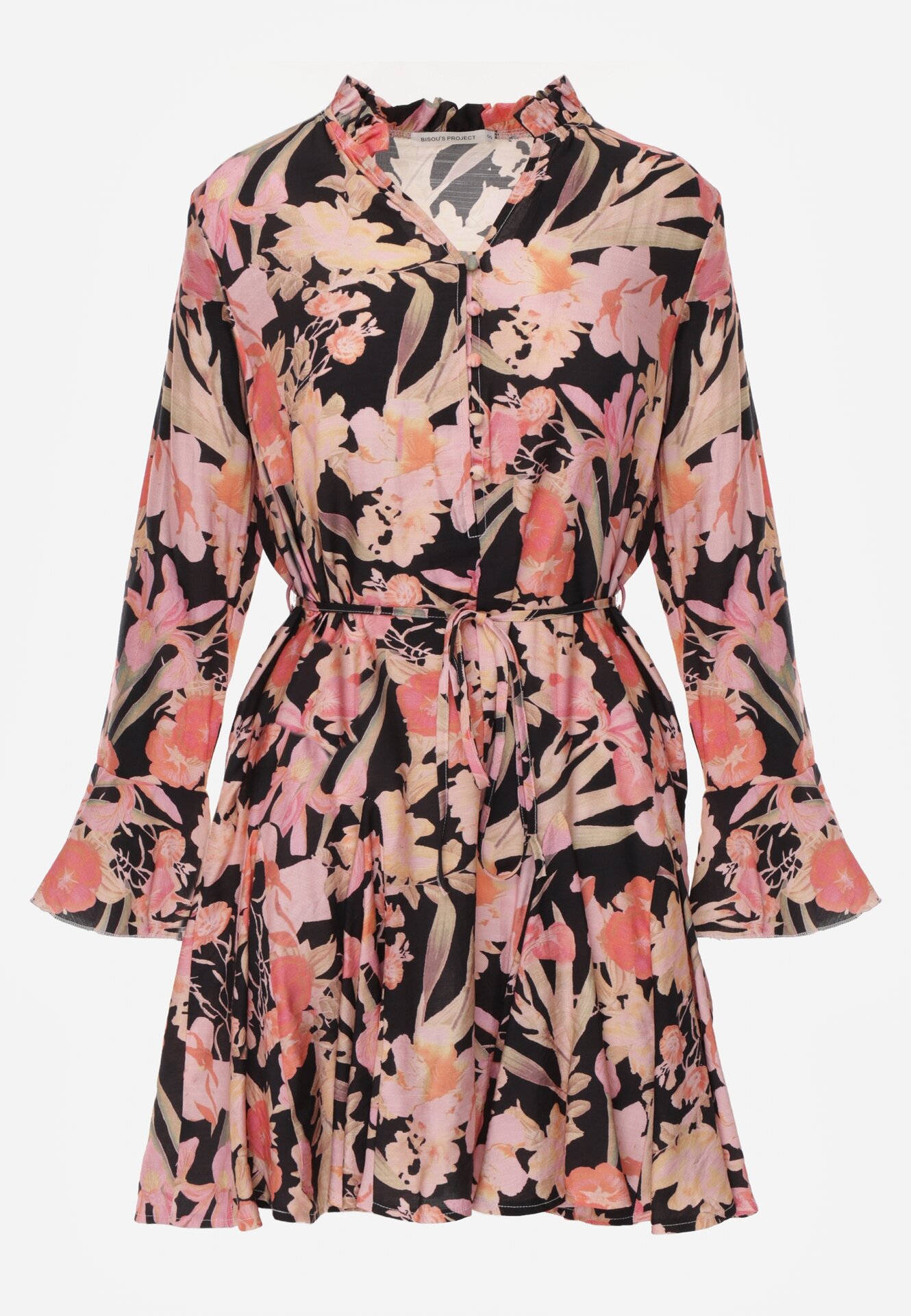 Czarna Wiskozowa Rozkloszowana Sukienka w Kwiaty z Paskiem  Sinthea