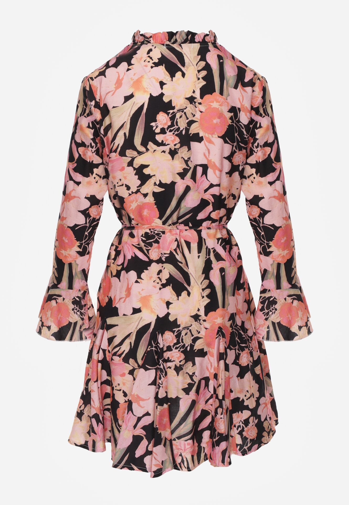 Czarna Wiskozowa Rozkloszowana Sukienka w Kwiaty z Paskiem  Sinthea