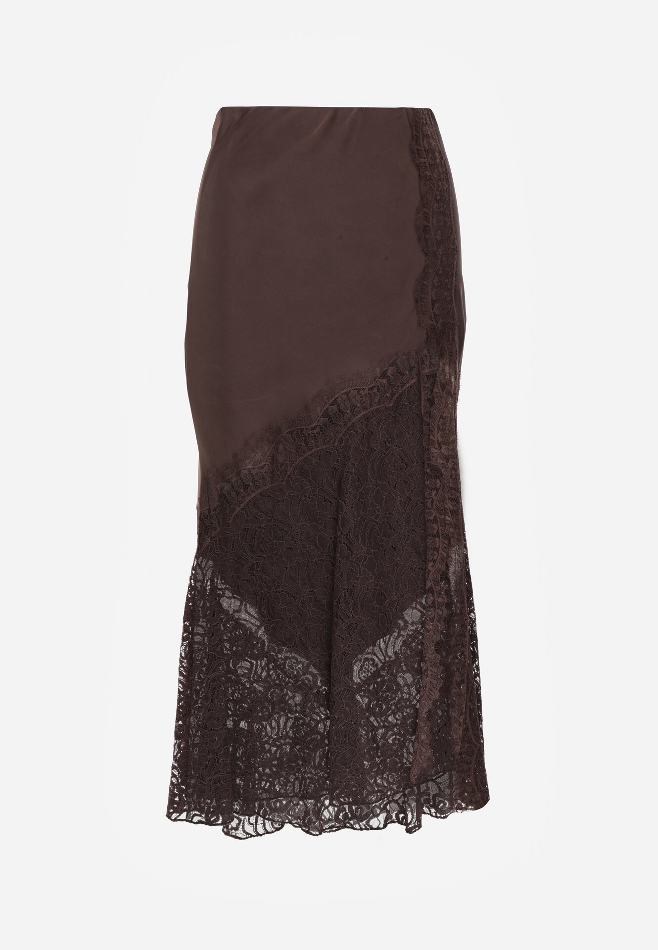 Brązowa Spódnica z Satyny z Koronką i Rozcięciem na Nogę Doritana