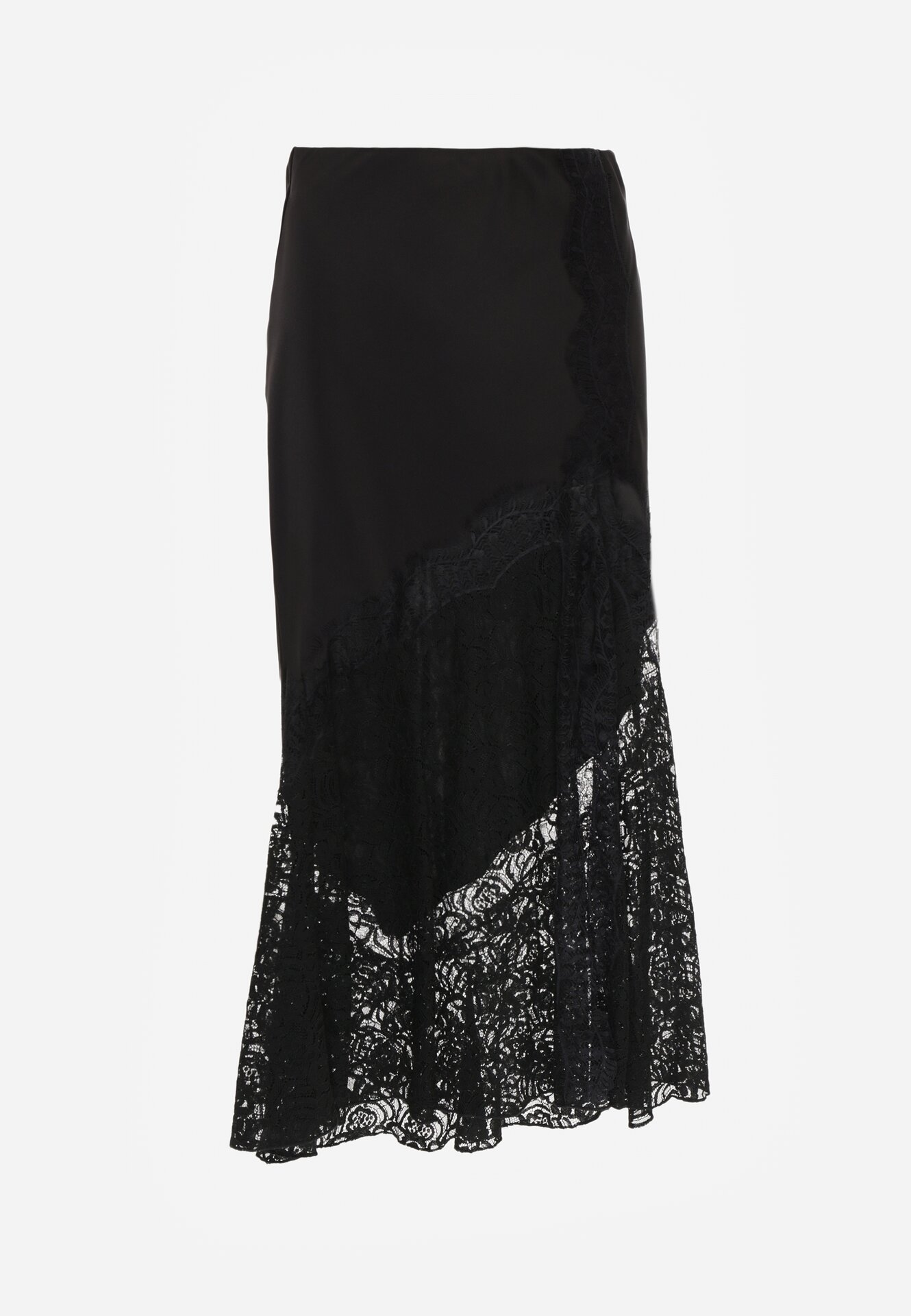 Czarna Spódnica z Satyny z Koronką i Rozcięciem na Nogę Doritana