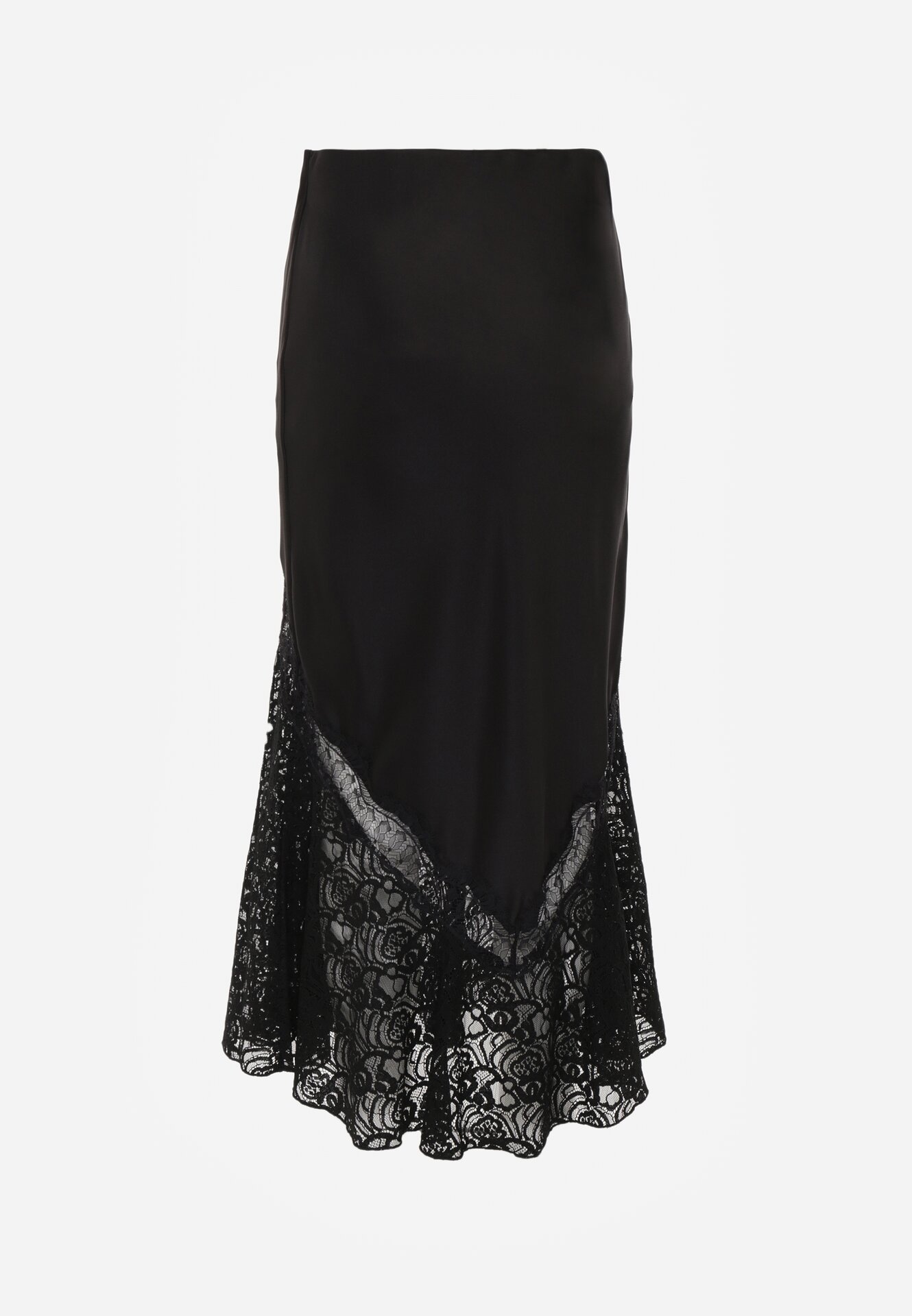 Czarna Spódnica z Satyny z Koronką i Rozcięciem na Nogę Doritana