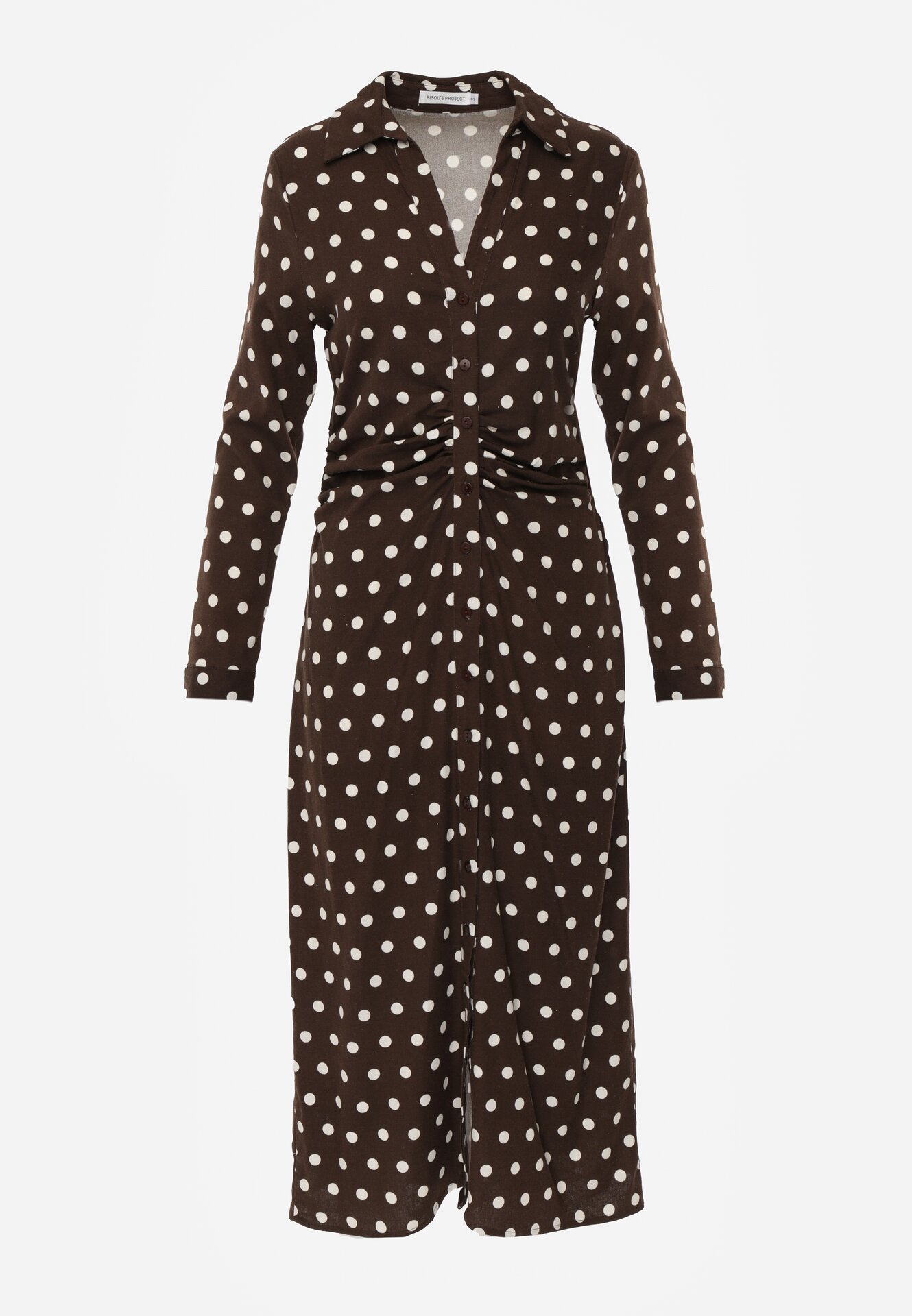 Brązowa Wiskozowa Sukienka Koszulowa z Domieszką Lnu z Marszczeniem Besirra