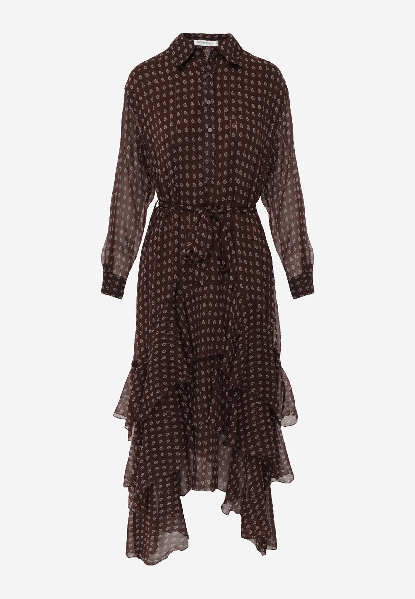 Brązowa Koszulowa Sukienka z Dłuższym Tyłem i Falbanami Savandra