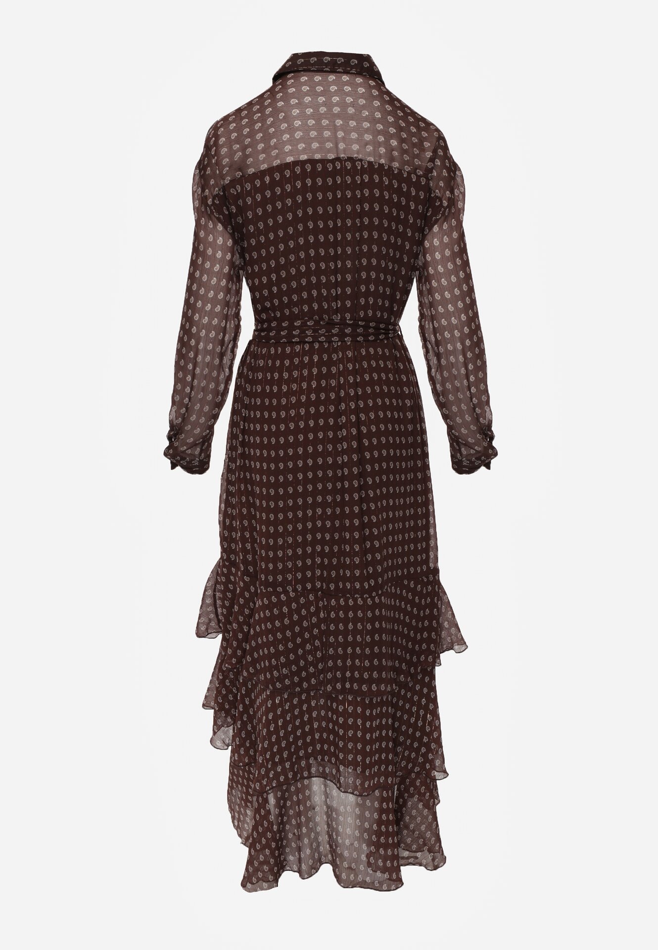 Brązowa Koszulowa Sukienka z Dłuższym Tyłem i Falbanami Savandra