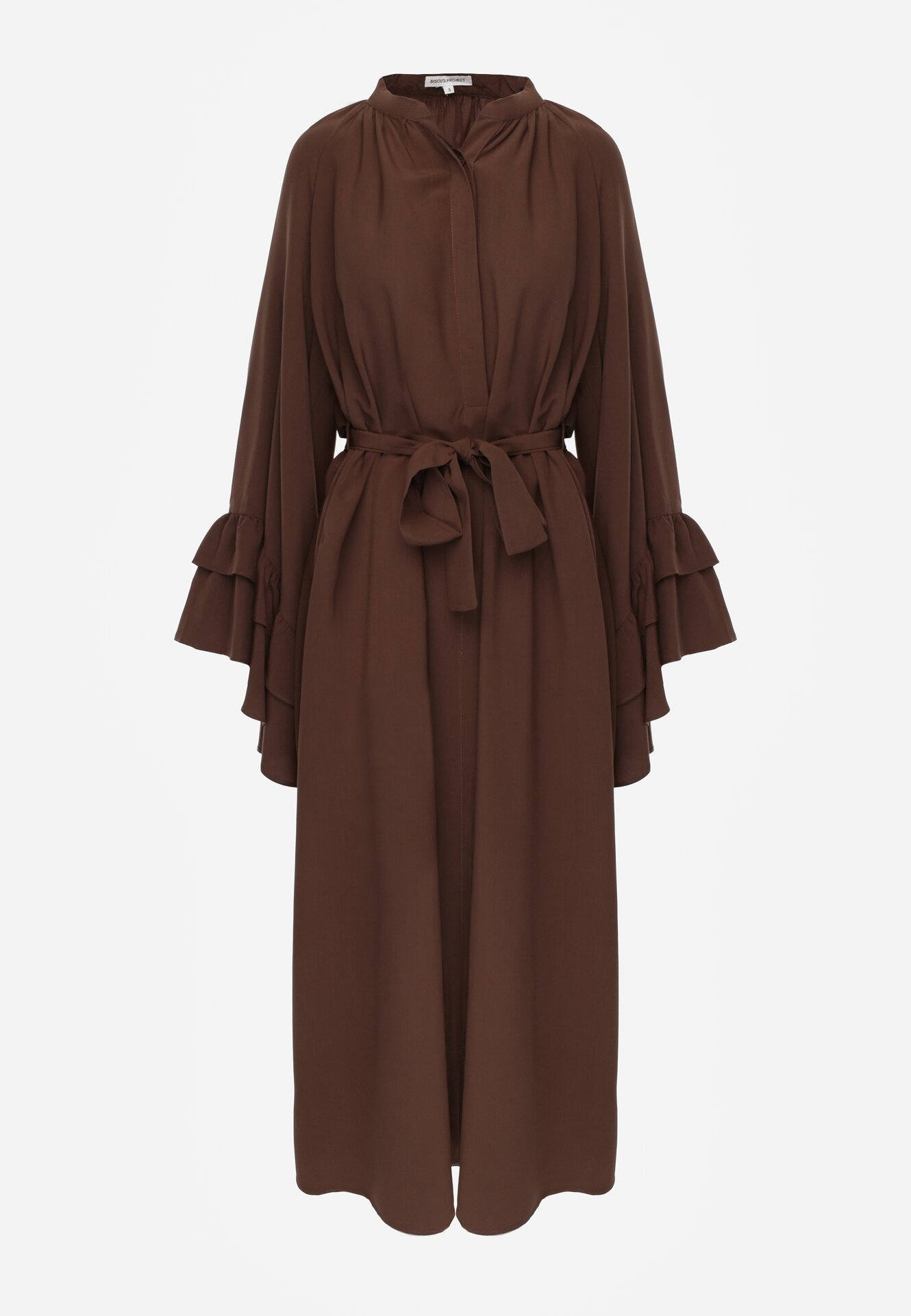 Brązowa Wiskozowa Sukienka Koszulowa z Falbanami przy Rękawach i Paskiem Dinirae