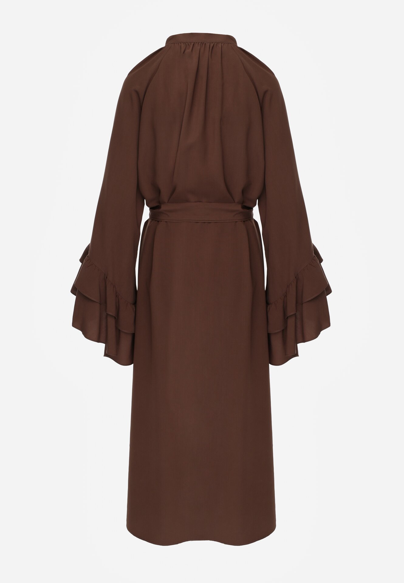 Brązowa Wiskozowa Sukienka Koszulowa z Falbanami przy Rękawach i Paskiem Dinirae