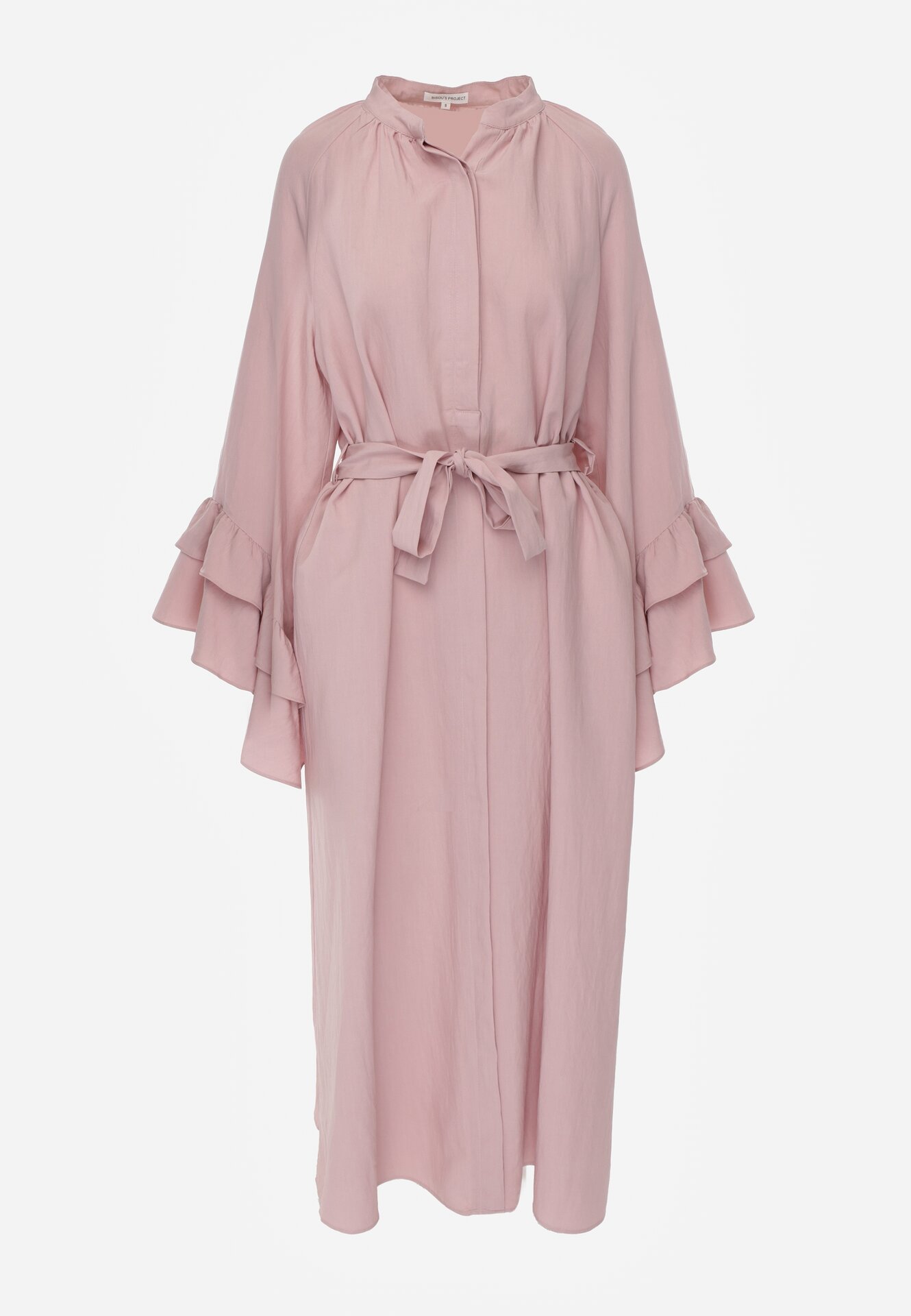 Różowa Wiskozowa Sukienka Koszulowa z Falbanami przy Rękawach i Paskiem Dinirae