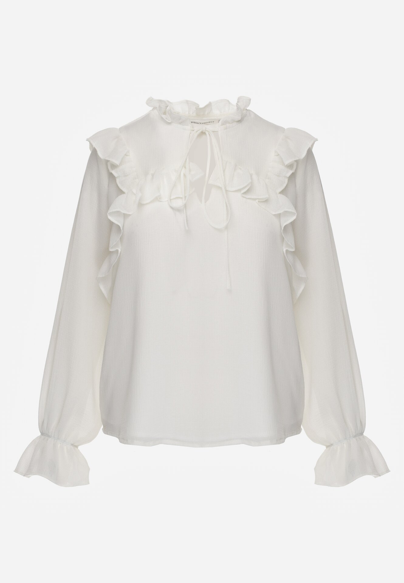 Biała Romantyczna Bluzka z Falbankami i Wiązaniem przy Dekolcie Zeaniyana