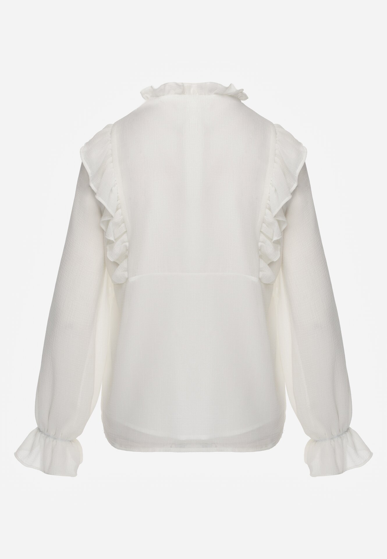 Biała Romantyczna Bluzka z Falbankami i Wiązaniem przy Dekolcie Zeaniyana